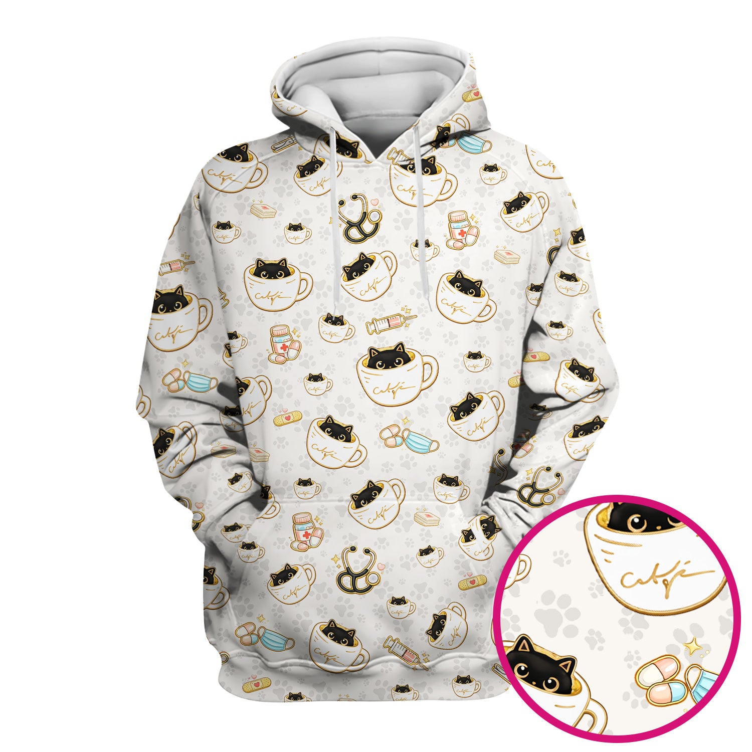 Cute Coffee Cat Medical Print Scrub Top, Breathable Fabrics Nursing Uniform