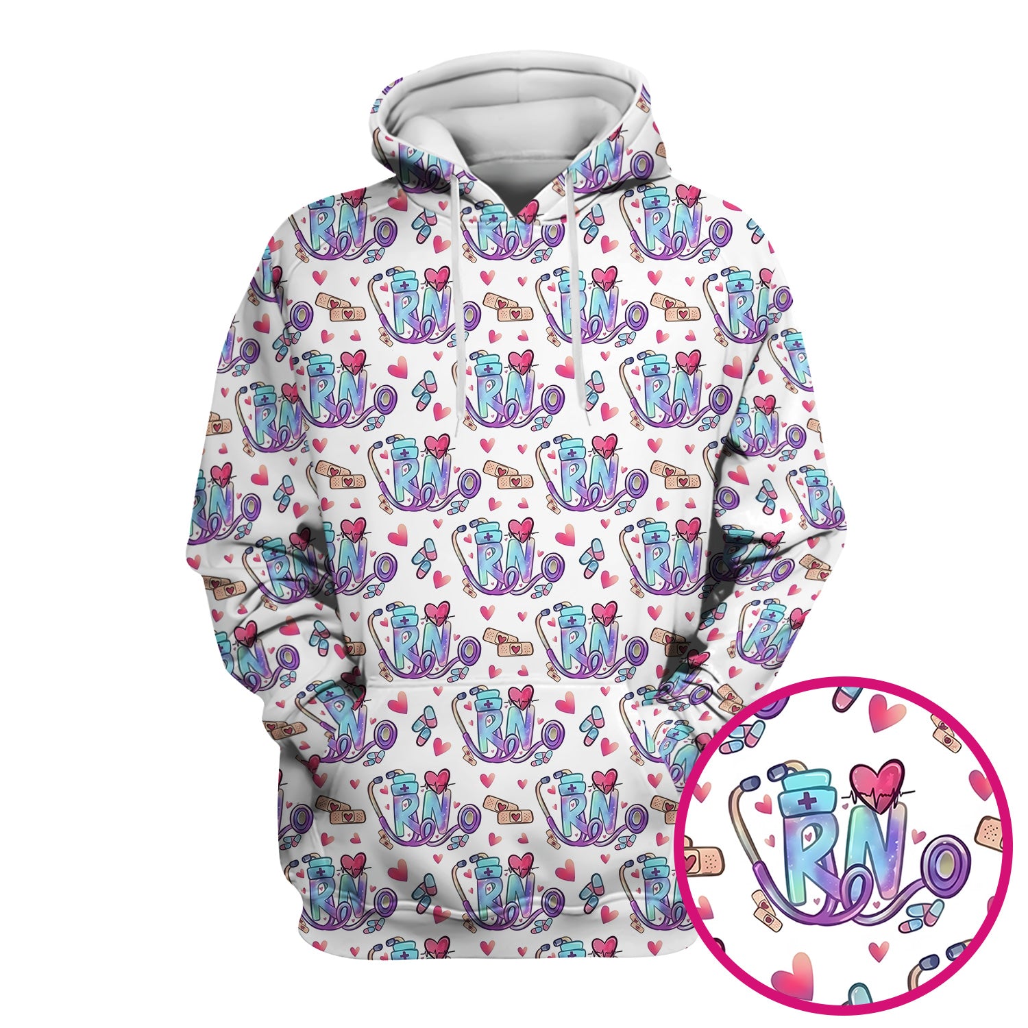 Nurse Life RN Heart Pattern Scrub Top, Breathable Fabrics Nursing Uniform