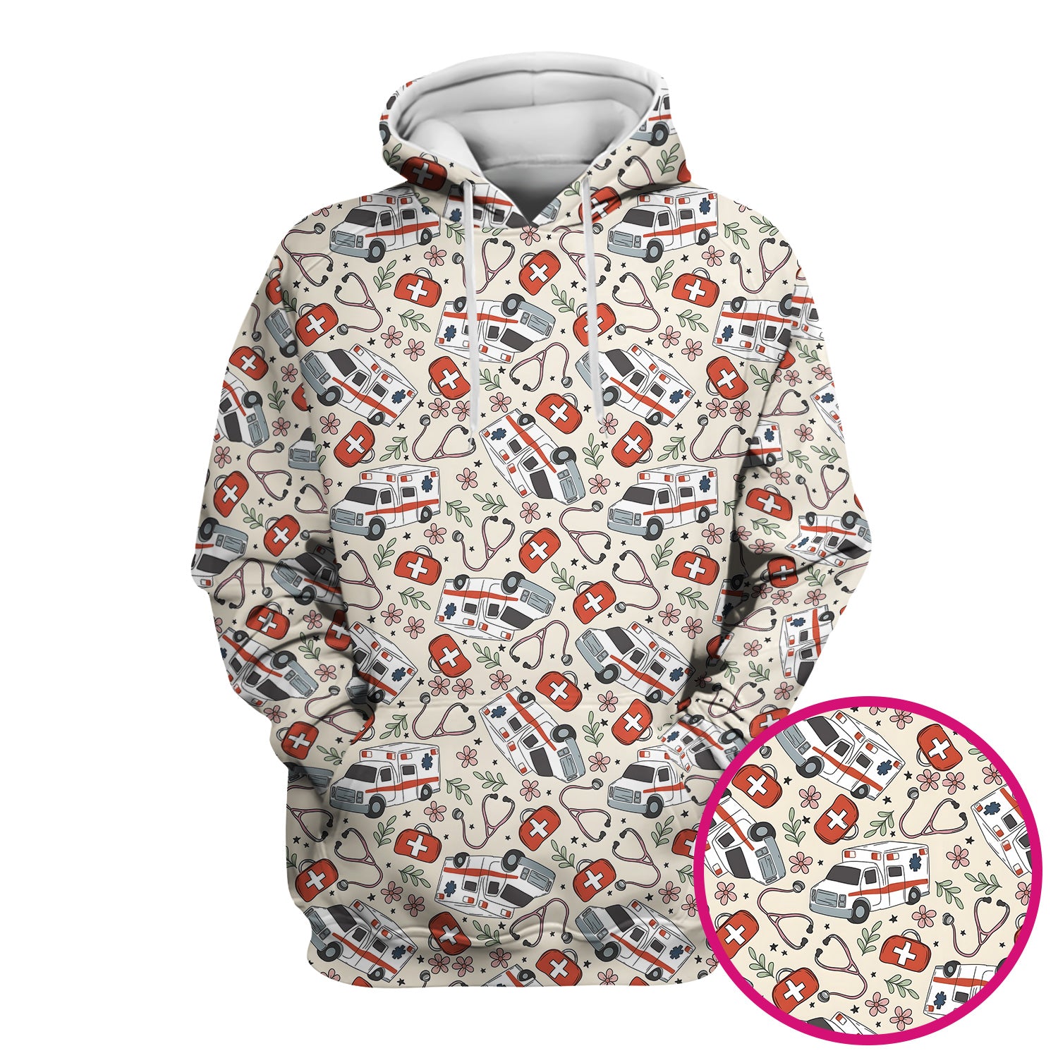 Ambulance Stethoscope First Aid Floral Pattern Scrub Top, Comfortable Scrubs for Nurses