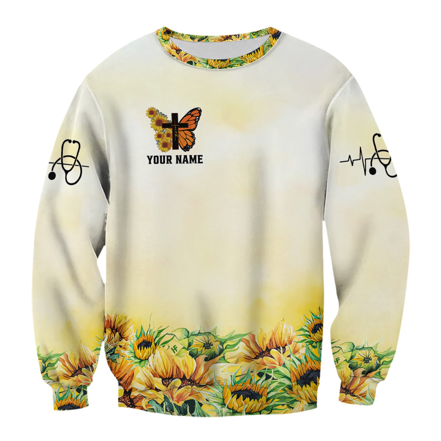 Personalized Christian Nurse Scrub Top - Sunflower Butterfly Cross & Bible Verse - Gift for RN LPN CNA Healthcare Workers