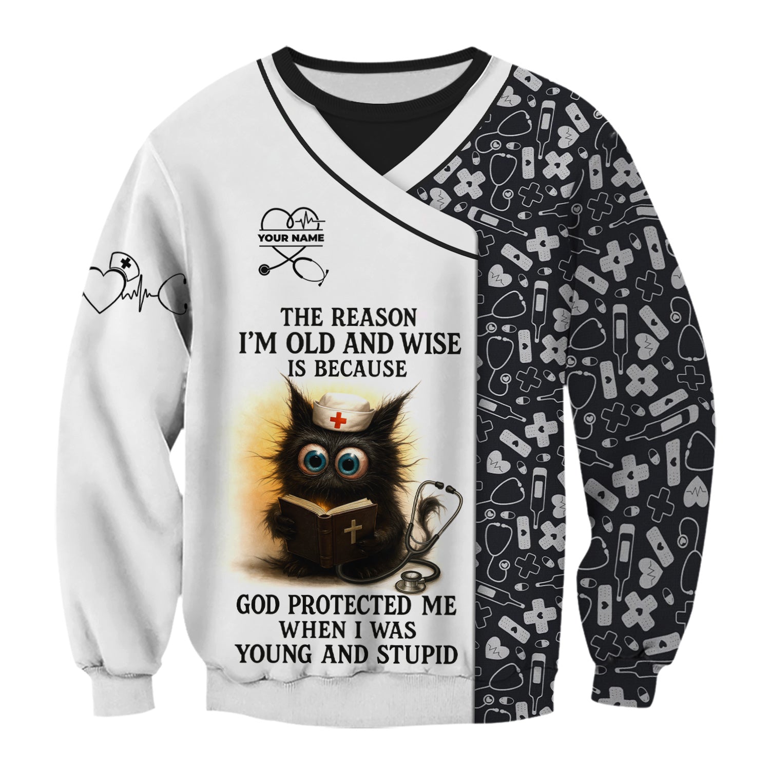 Custom Name Christian Nurse Scrub Shirt - Bible and Medical Tools Design for RN LPN CNA - Personalized Nursing Healthcare Gift