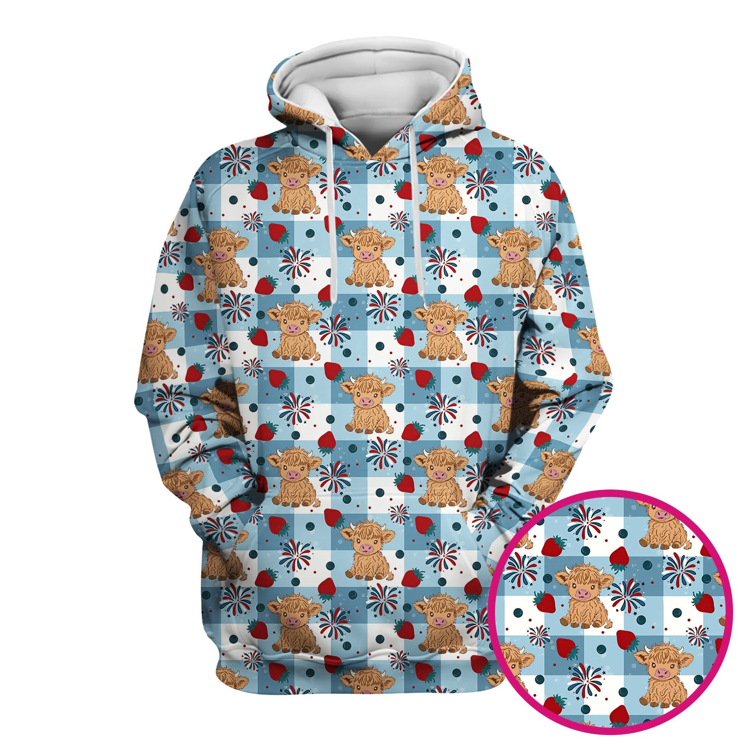 Highland Cow Strawberry Firework Gingham Pattern Scrub Top, Comfortable Scrubs for Nurses