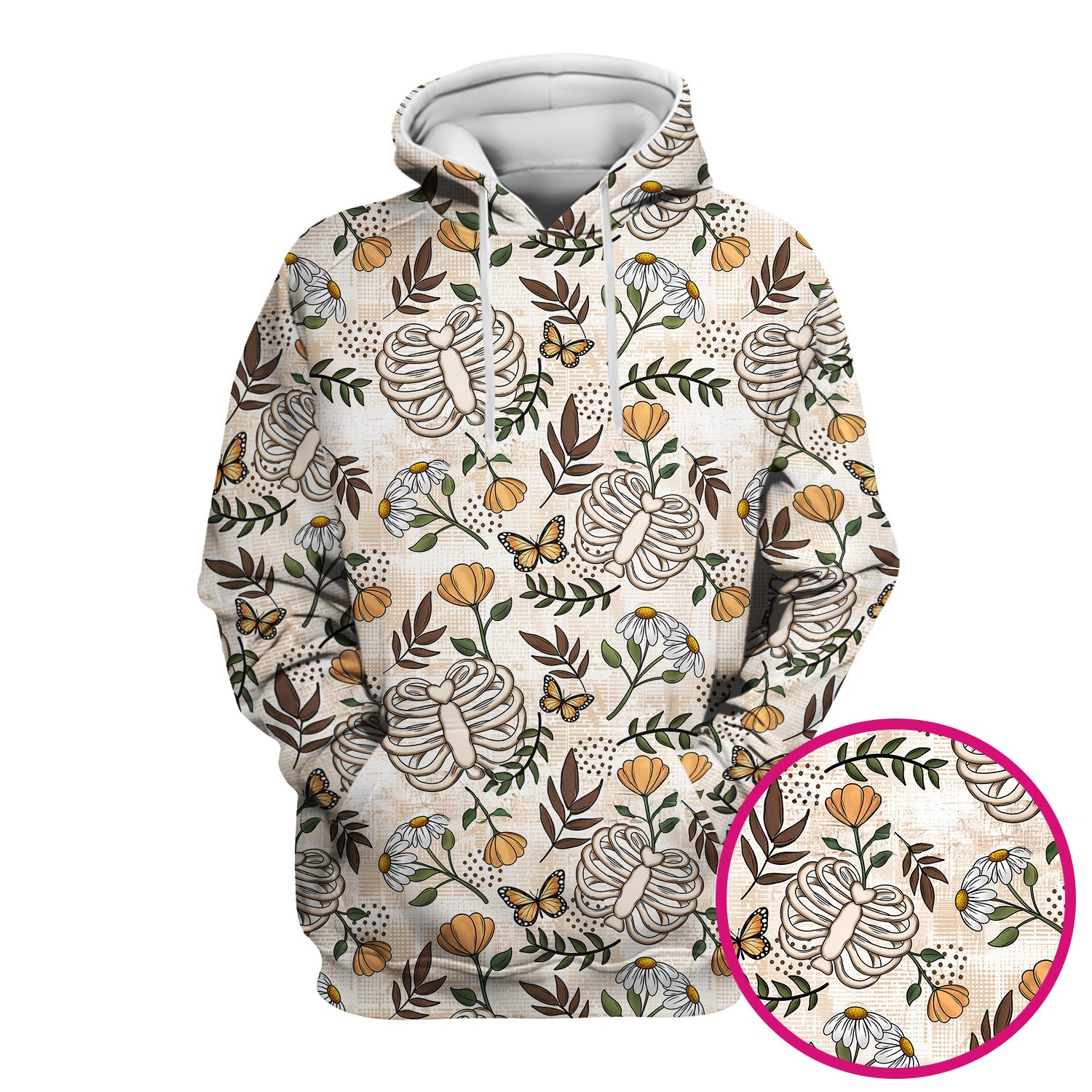 Skeleton Ribcage With Daisy And Butterfly Floral Scrub Top, Breathable Fabrics Nursing Uniform
