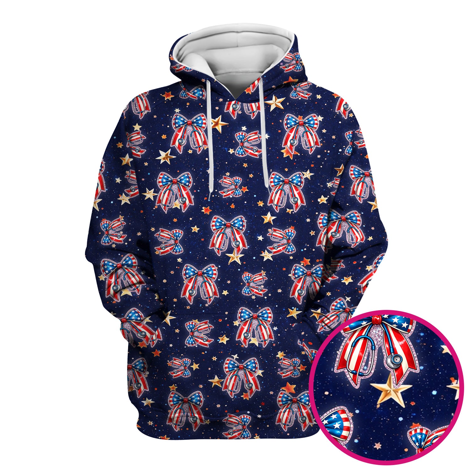 Patriotic Bow Star Print Nurse Scrub Top, Breathable Fabrics Nursing Uniform