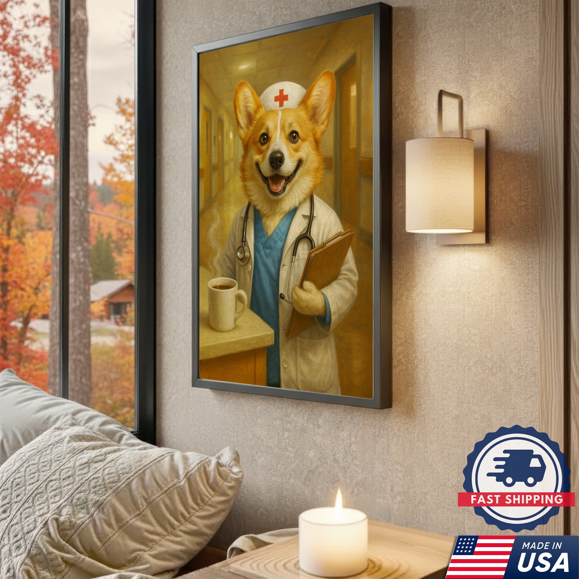 Funny Corgi Nurse Canvas, Cute Nurse Poster Wall Art For Clinic, Nursing Gift For RN, Corgi Nurse Poster