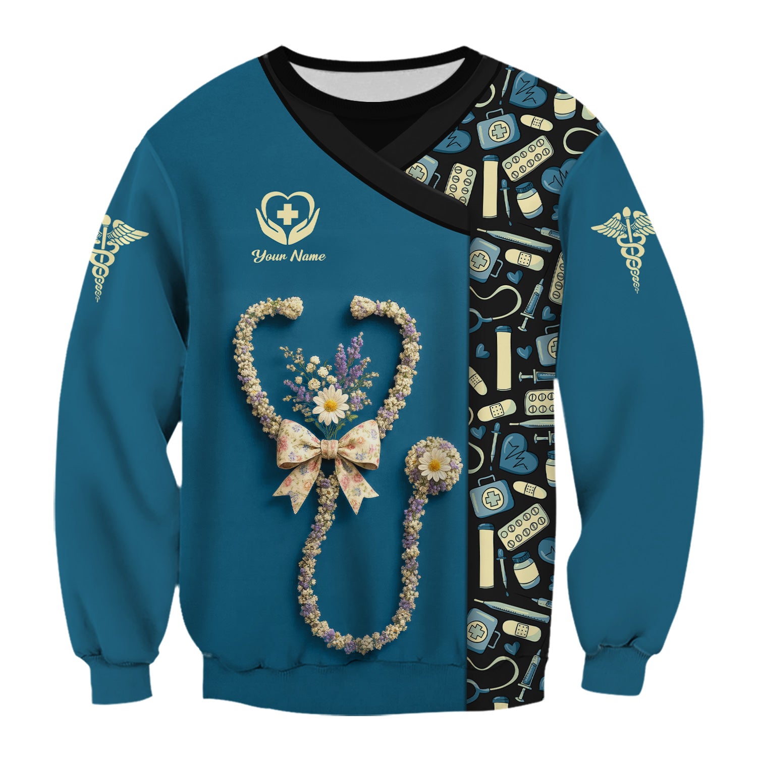 Colorful Nurse Scrubs for Women RN CNA LPN - Inspirational Floral Stethoscope Top with Heart Design - Gift for Healthcare Workers with Custom Name