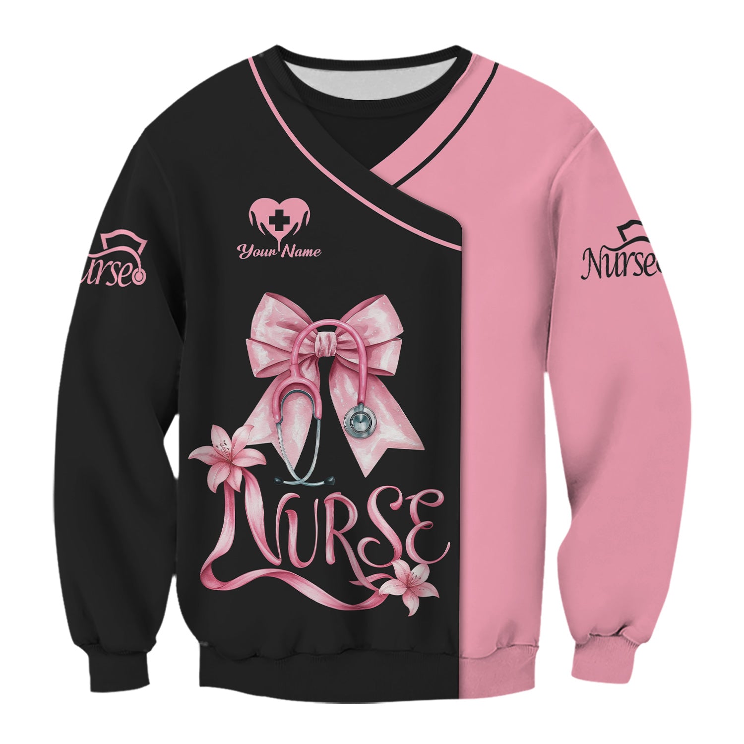 Custom Name Nurse Scrub Top for Women - Floral Ribbon Medical Graphic - Gift for Stylish RN, CNA, LPN Nurse Week