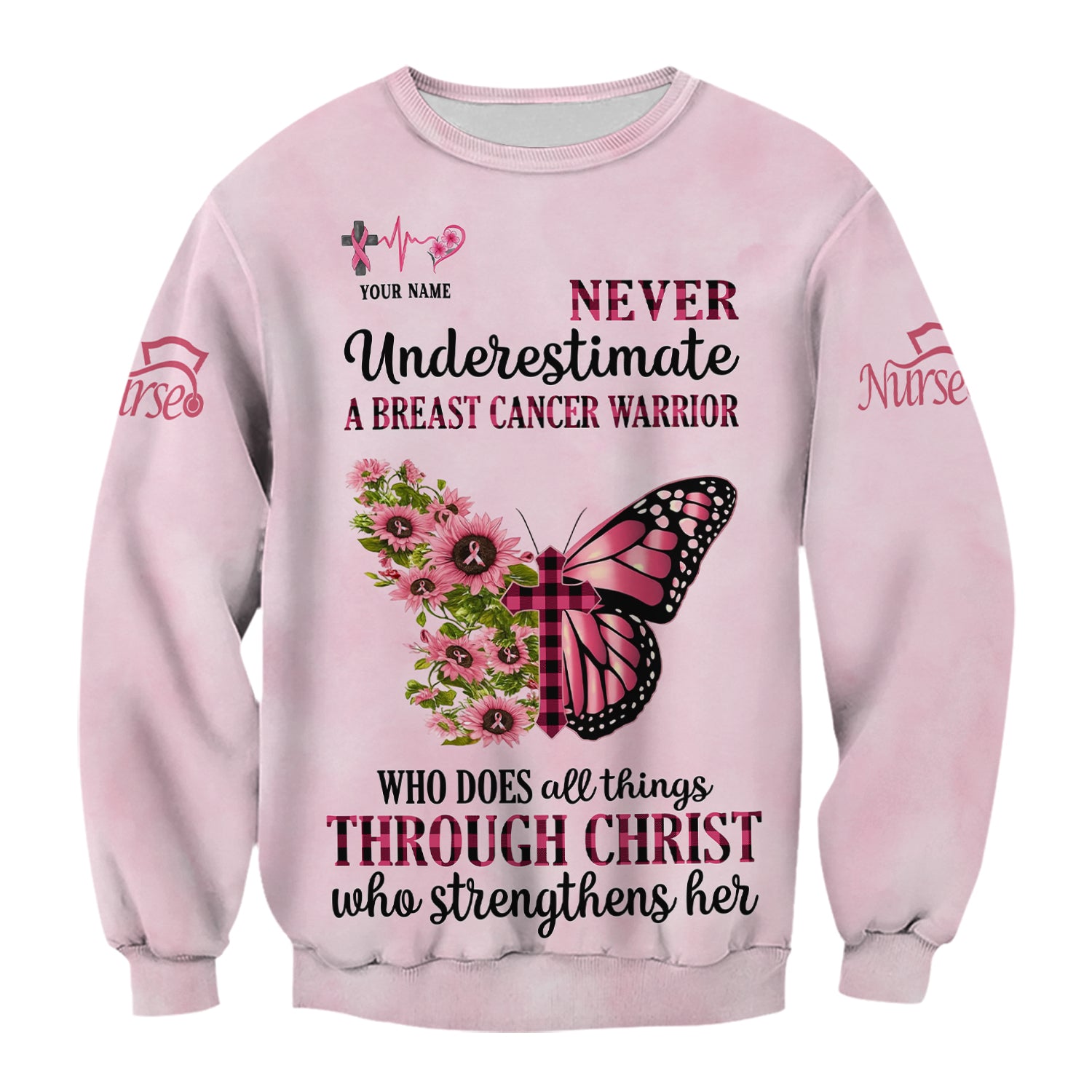 Personalized Breast Cancer Warrior Shirt  - Christian Faith Quote & Pink Butterfly Design - Gift for Women RN LPN CNA
