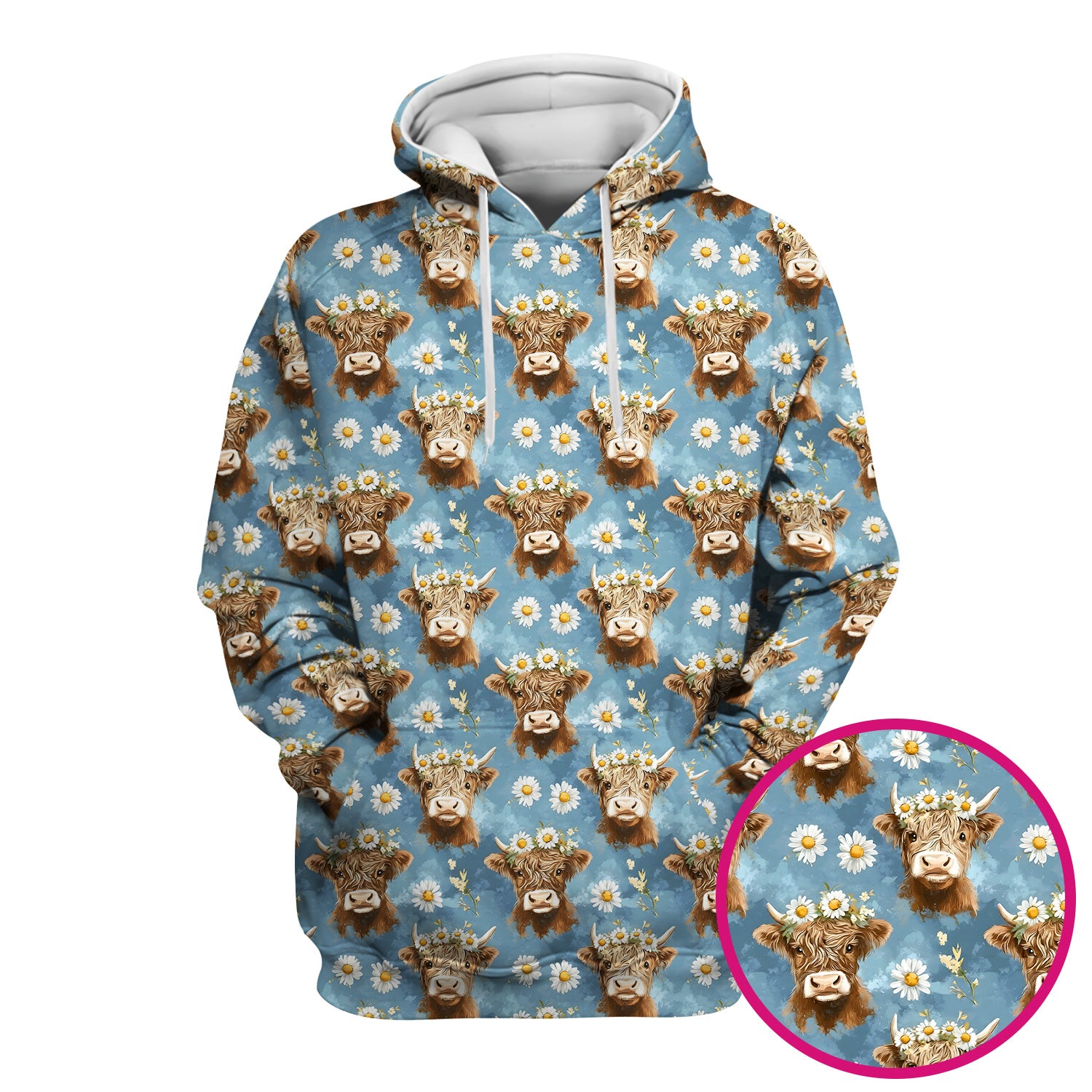 Highland Cow Daisy Flower Pattern Scrub Top, Comfortable Scrubs for Nurses