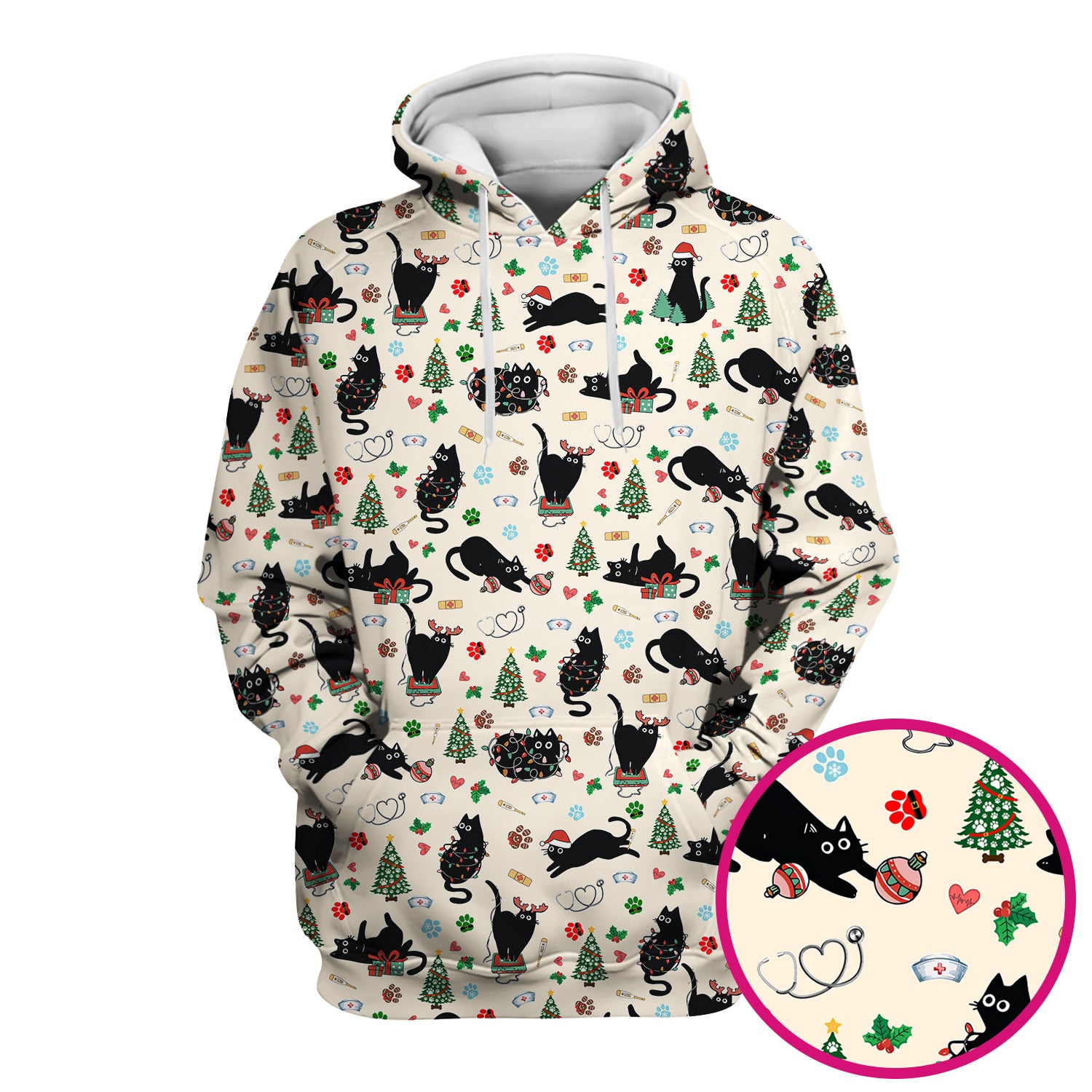 Black Cat Christmas Nurse Scrub Top, Festive Kitty Medical Uniform Shirt for Women