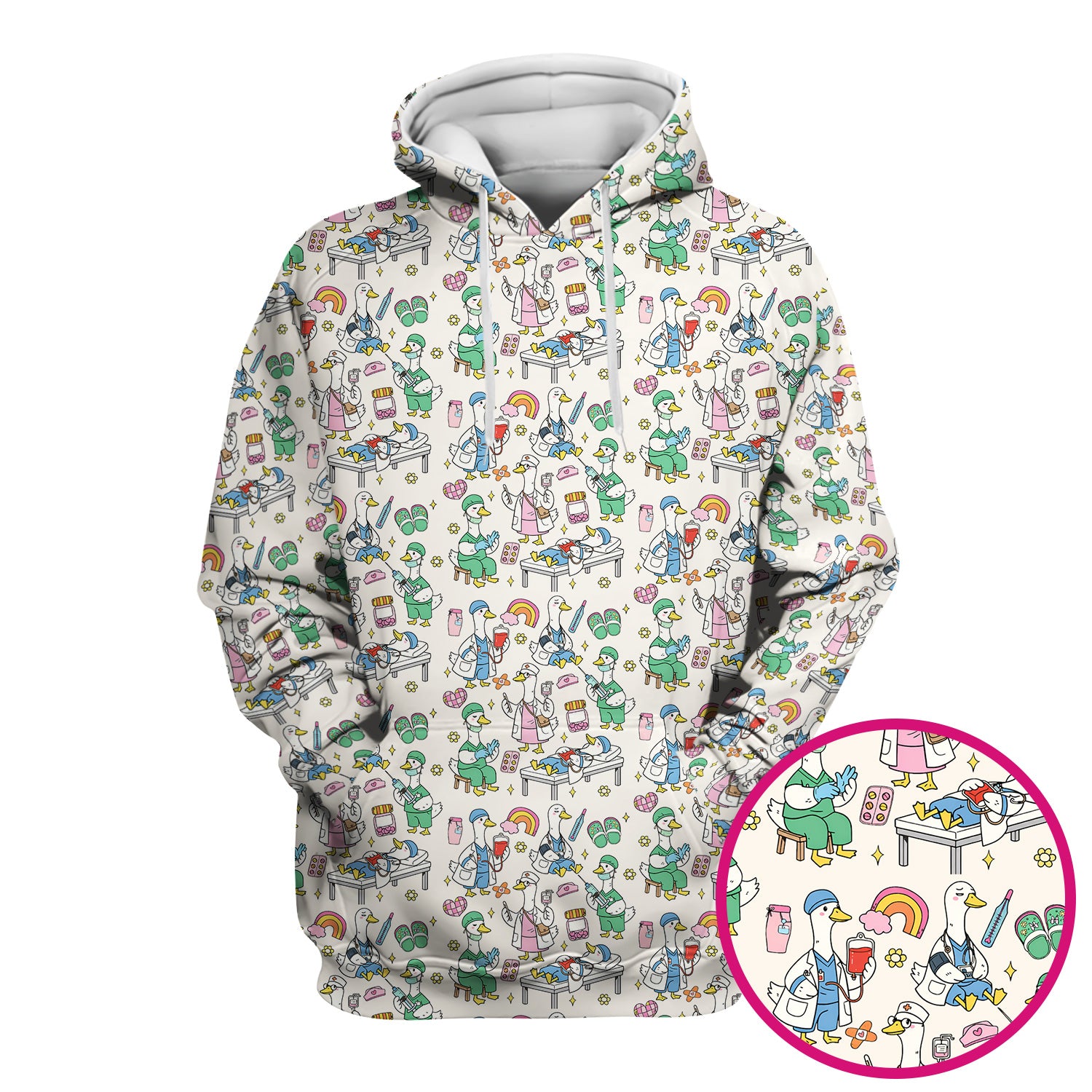 Funny Nurse Duck Medical Doodle Pattern Scrub Top, Comfortable Nurse Workwear Top