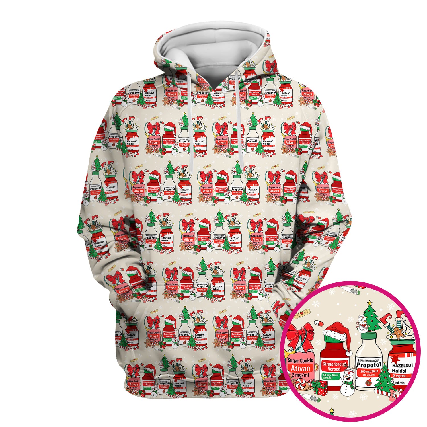 Funny Christmas Medication Scrub Top – Festive Holiday Pharma Bottles Pattern – Playful Medical Uniform for Nurses, Pharmacists & Healthcare Workers