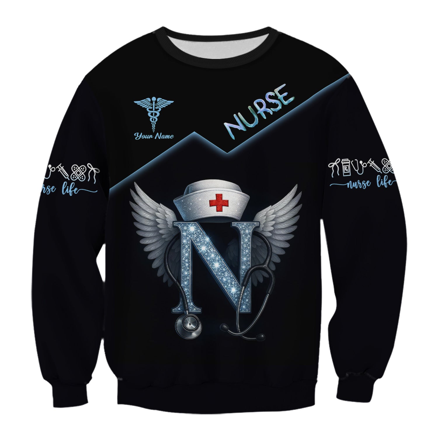 Funny Nurse T-shirt with Glowing 'N' Design - Customizable with Stethoscope & Wings Design - Perfect for RN, CNA, LPN, Healthcare Professionals