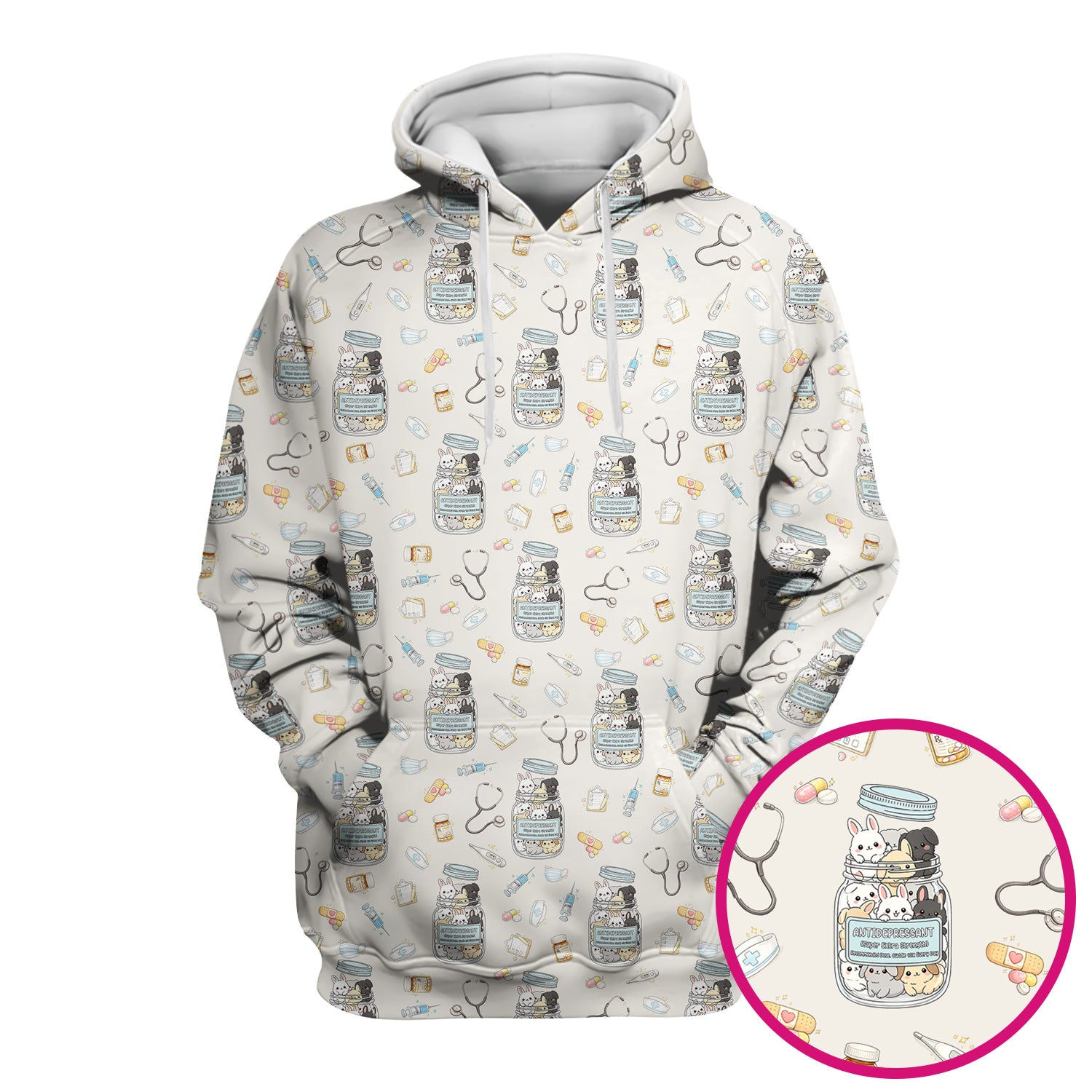 Whimsical Antidepressant Rabbit Jar Design Nurse Scrub Top, Soft & Breathable Workwear