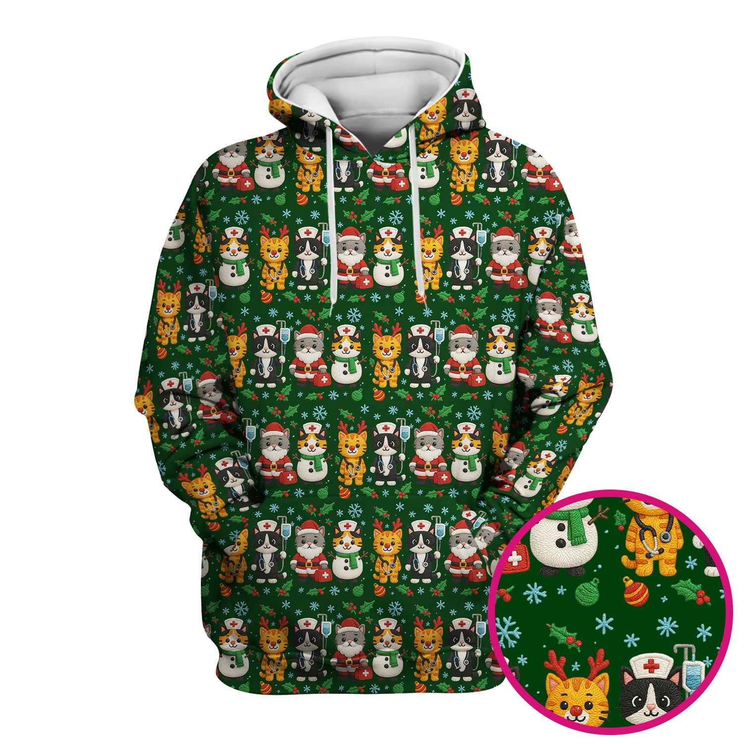 Christmas Cat Nurse Pattern Scrub Top, Cute Holiday Kitty Medical Uniform Shirt For Nursing