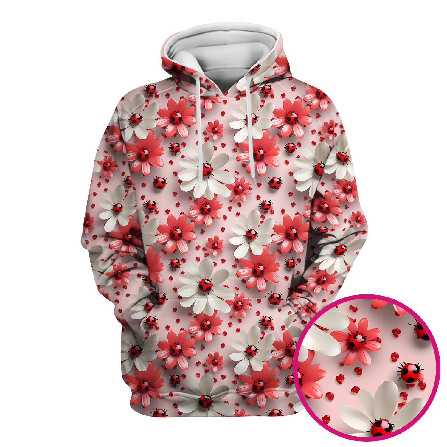 Red Ladybug Flower Pattern Scrub Top, Cute Spring Floral Nursing Uniform for Women