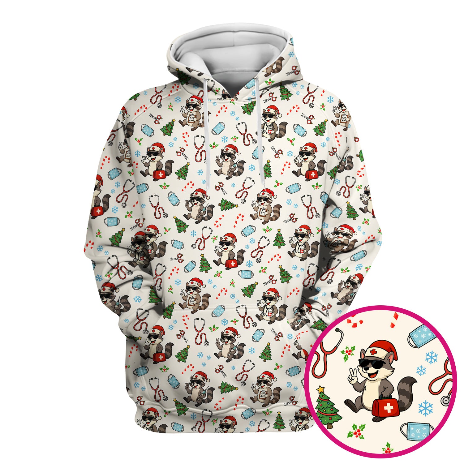 Christmas Scrub Top for Nurses - Funny Raccoon and Medical Tools Pattern - Festive Holiday Nurse Scrubs Shirt Gift for Women RN LPN CNA