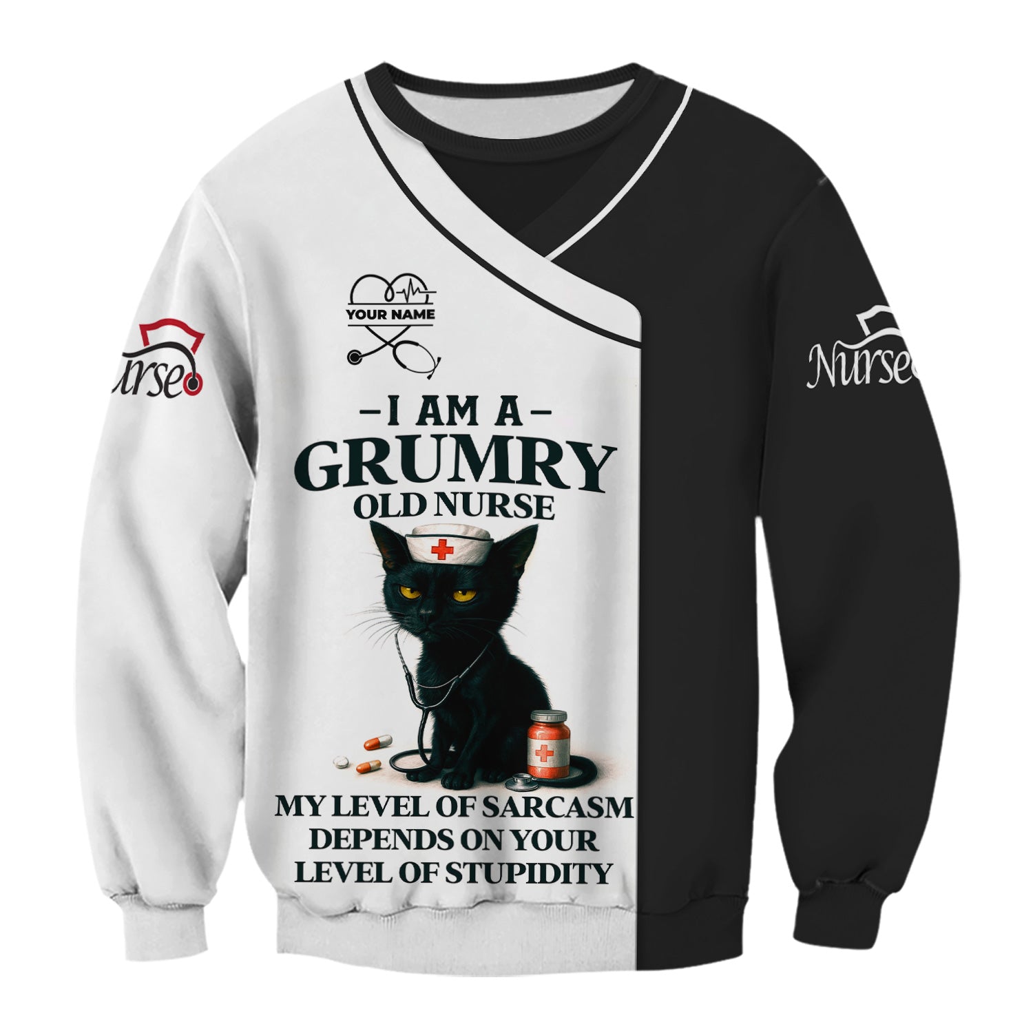 Grumpy Old Nurse Scrub Shirt with Sarcastic Black Cat Design - I Am a Nurse Of Course I'm Grumpy Quote - Gift for RN CNA LPN Healthcare Workers