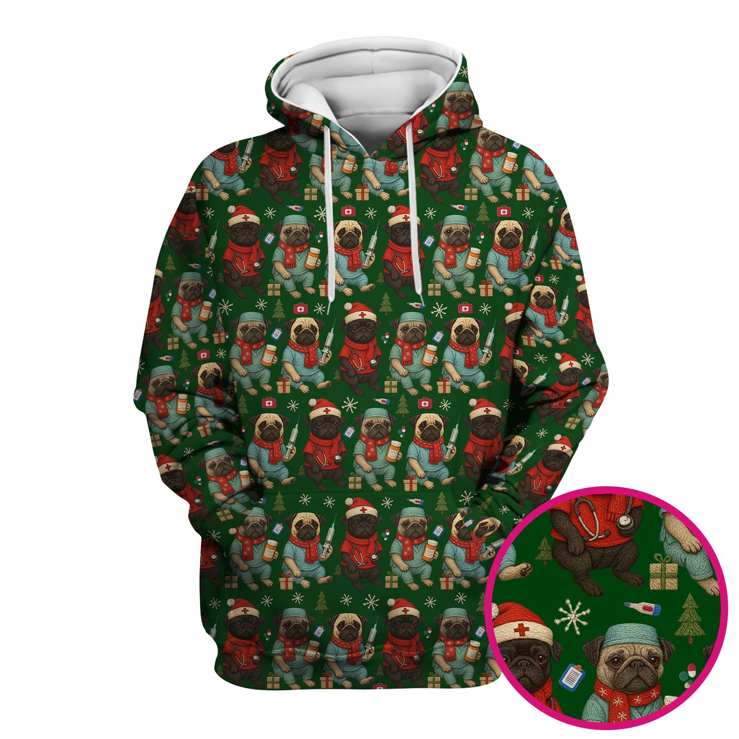Christmas Pug Nurse Scrub Top, Cute Holiday Dog Medical Uniform Shirt For Nursing