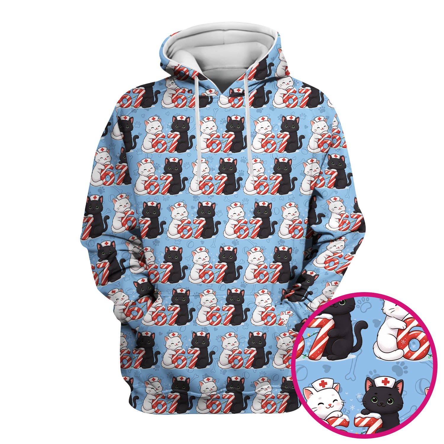 Xmas Cat Pattern Scrub Top, Christmas Nurse Six Seven With Cat Scrub Shirt, Breathable Fabrics Nursing Uniform