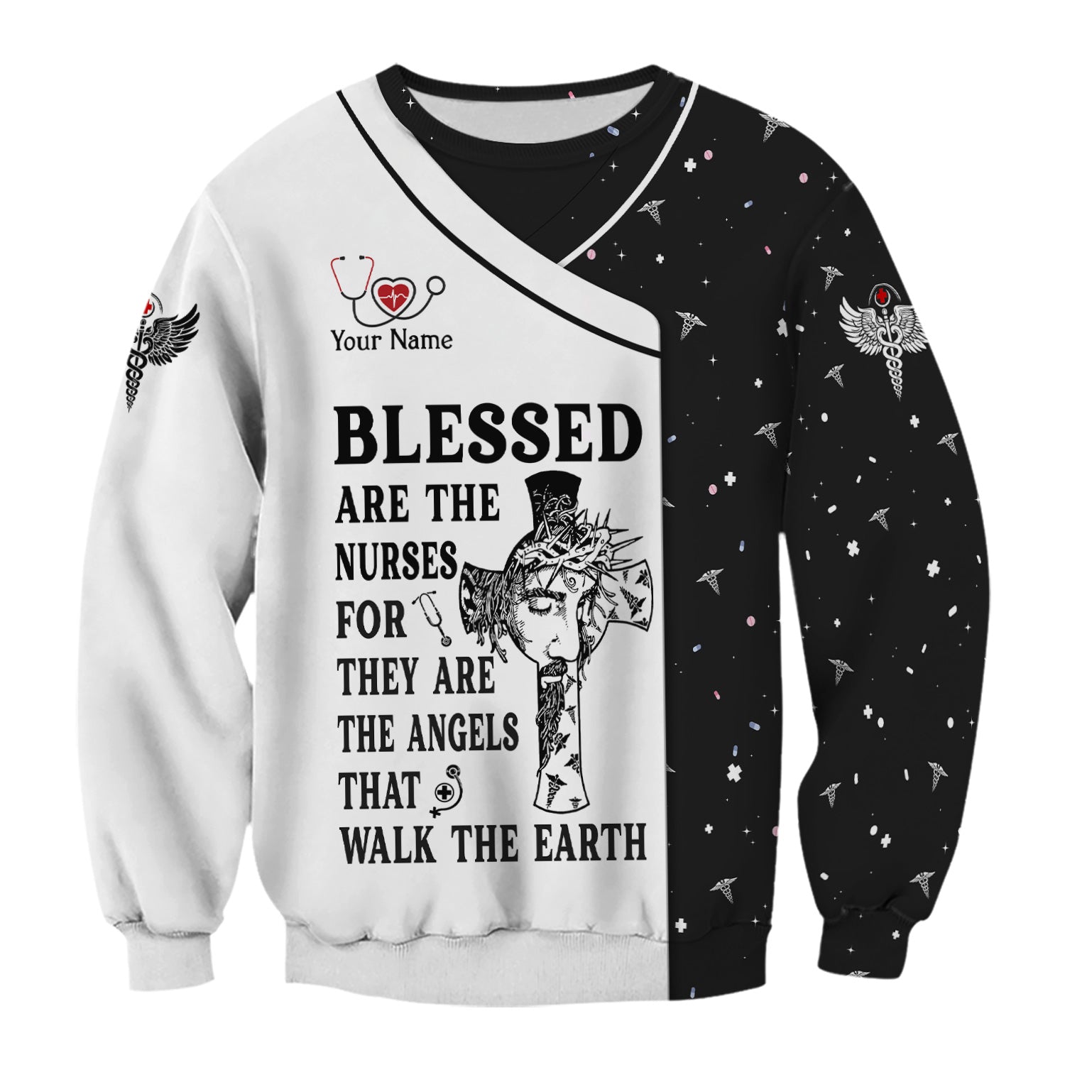 Personalized Christian Nurse Scrub Top - Jesus Cross & Angels That Walk The Earth Quote - Gift for Women RN LPN