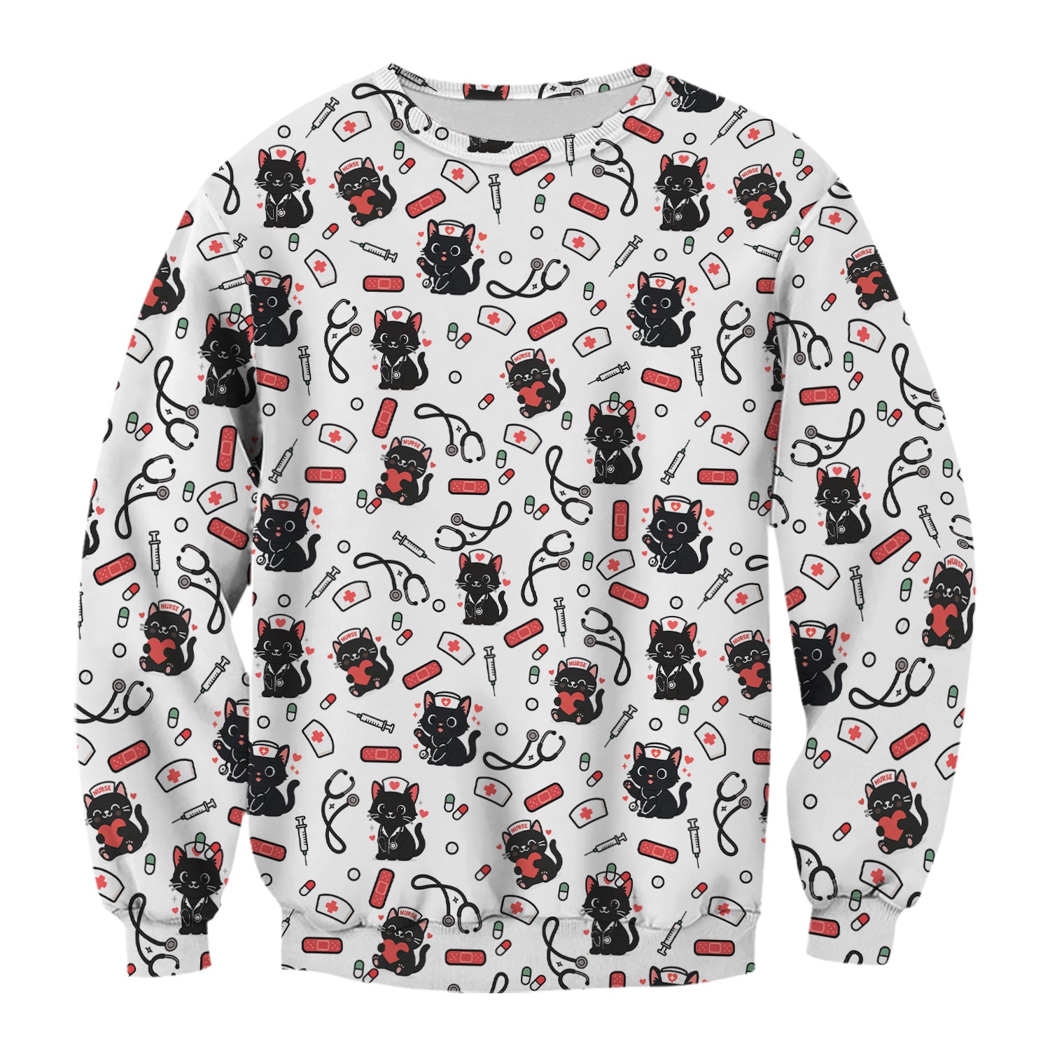 Cute Black Cat Nurse Scrub Top for Women - Medical Uniform Shirt with Stethoscope & Pill Print - Gift for CNA, LPN, Medical Worker