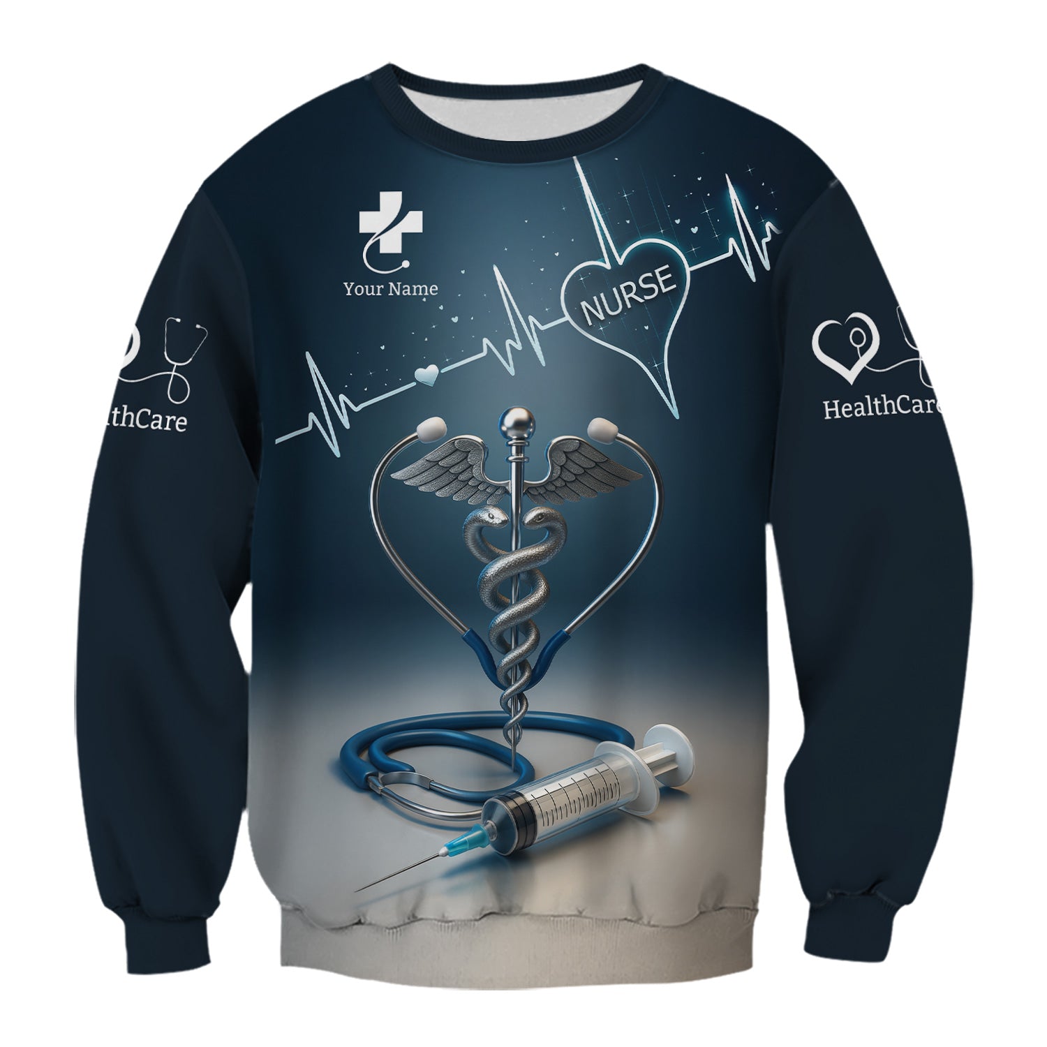 Personalized Nurse Scrubs with Caduceus Heartbeat Syringe - Custom Name Medical Apparel for RN CNA LPN - Gift for Healthcare Workers