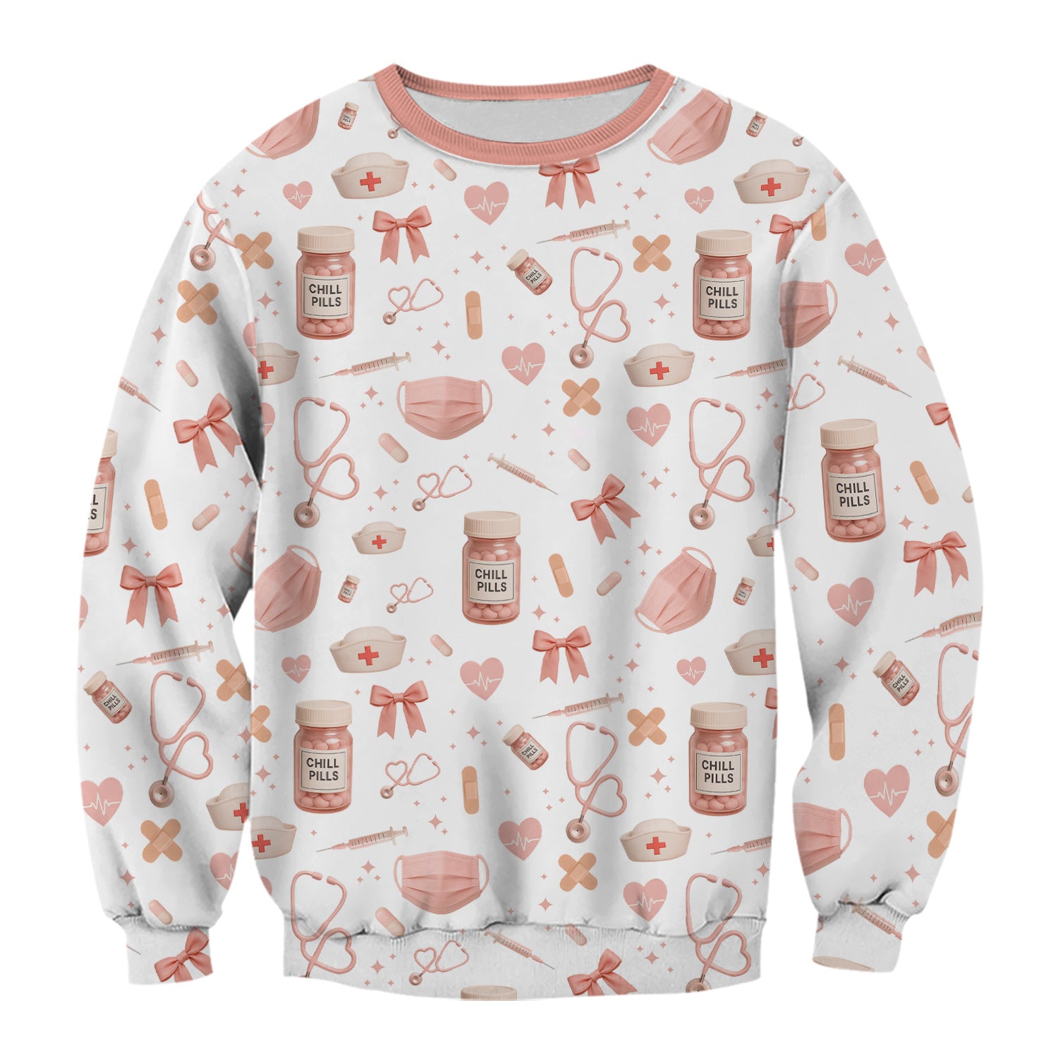 Personalized Cute Nurse Scrub Top - Pink Chill Pills & Medical Icons Pattern - Fun Aesthetic Gift for RN CNA LPN Healthcare Workers