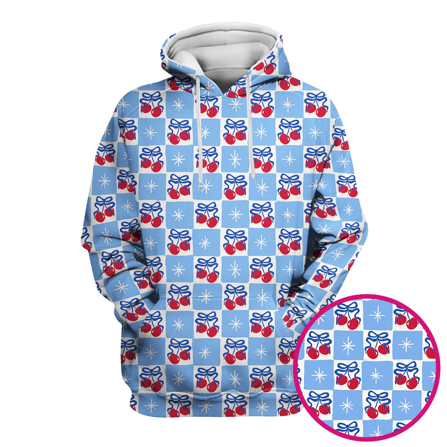 Cute Cherry Bow With Blue Gingham Check Pattern Scrub Top, Comfortable Scrubs for Nurses
