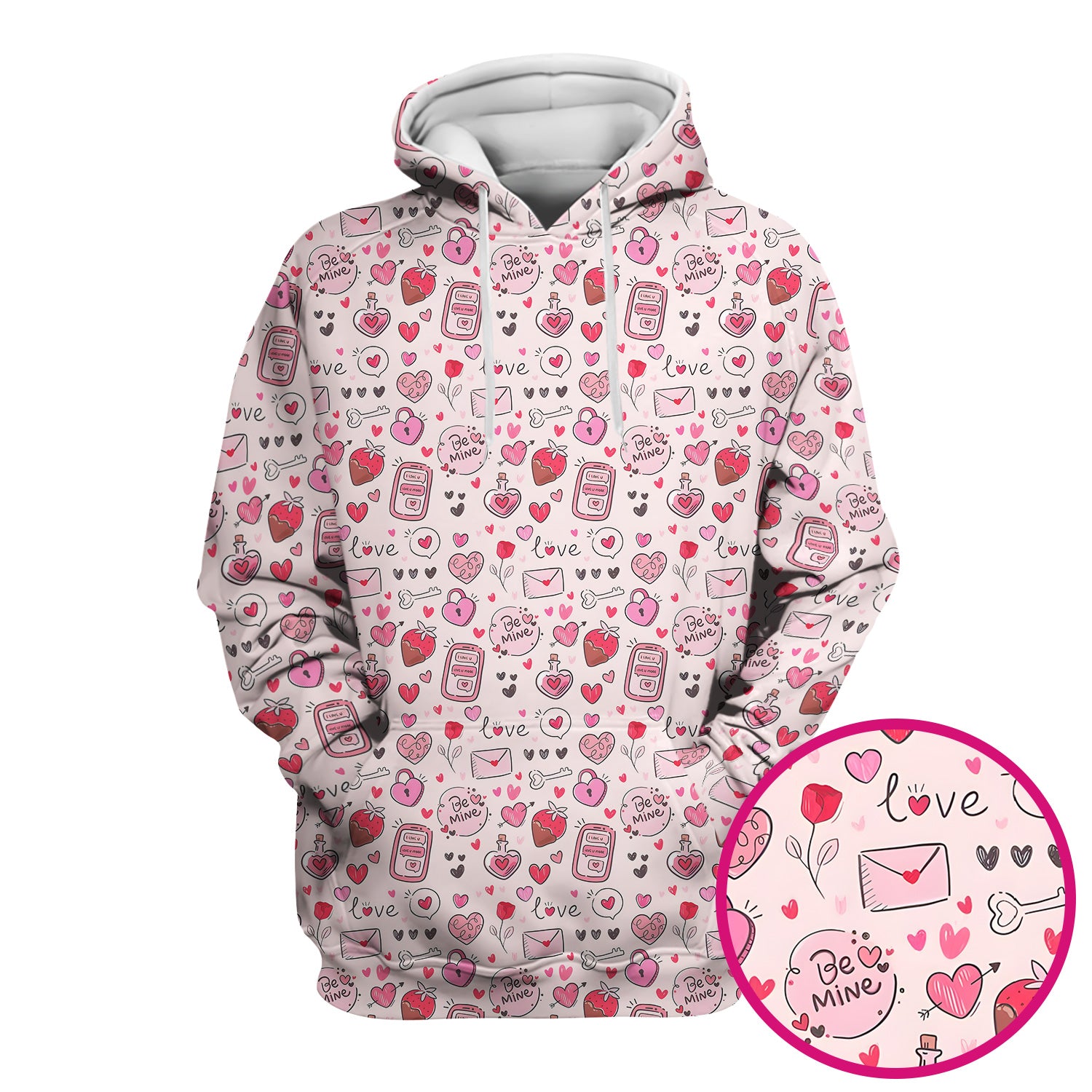 Be Mine Heart Pattern Pattern Scrub Top, Pink Valentine Pattern Nursing Uniform For Women