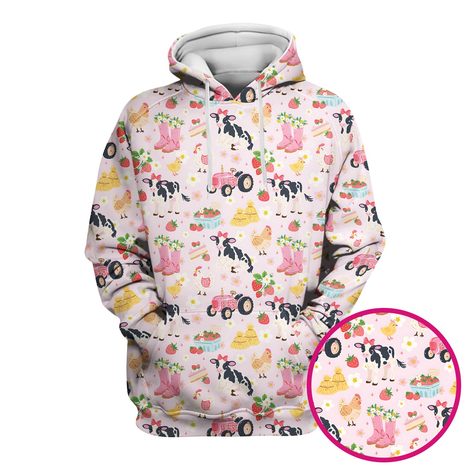 Cute Farm Animals & Strawberry Garden Pattern Scrub Top, Comfortable Scrubs for Nurses