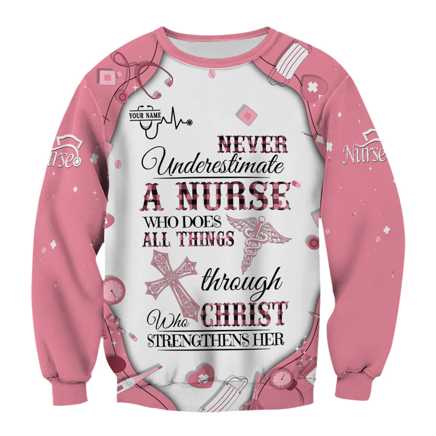 Faith-Based Personalized Nursing Scrub for Women - Bible Verse All Things Through Christ - Gift for RN, LPN, CNA Healthcare Professionals