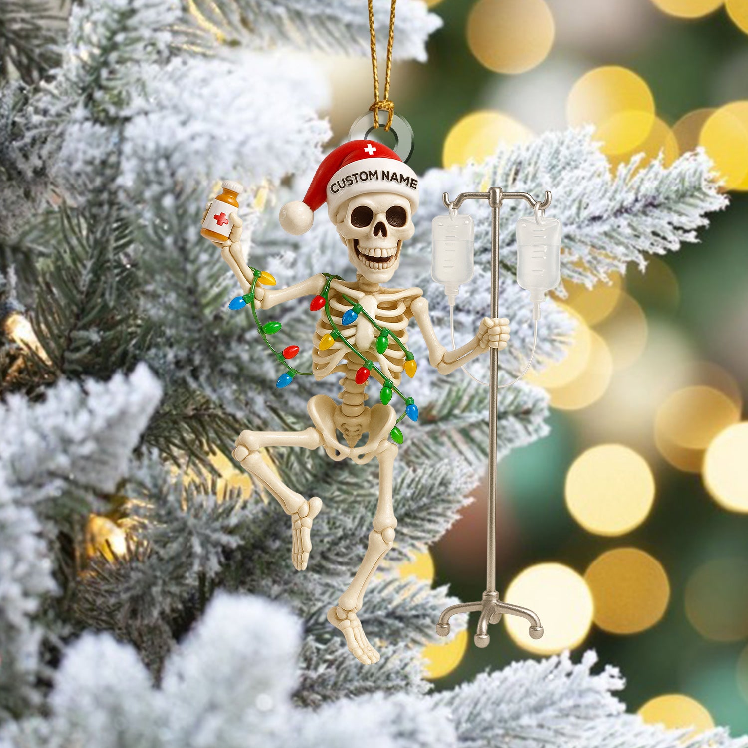 Personalized Skeleton Nurse Christmas Ornament – Funny Medical IV Pole Holiday Decor – Custom Name Dancing Skeleton Tree Ornament for Nurses & Healthcare Workers