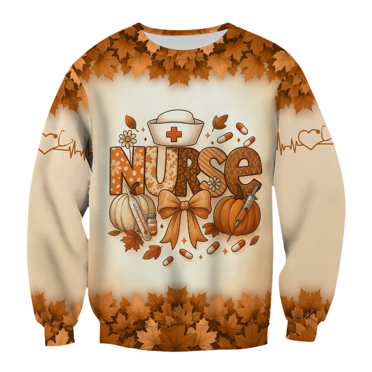 Fall Leaves Nurse Scrub Top with Pumpkins - Personalized Autumn Shirt with Custom Name - Cute Thanksgiving Gift for RN CNA LPN