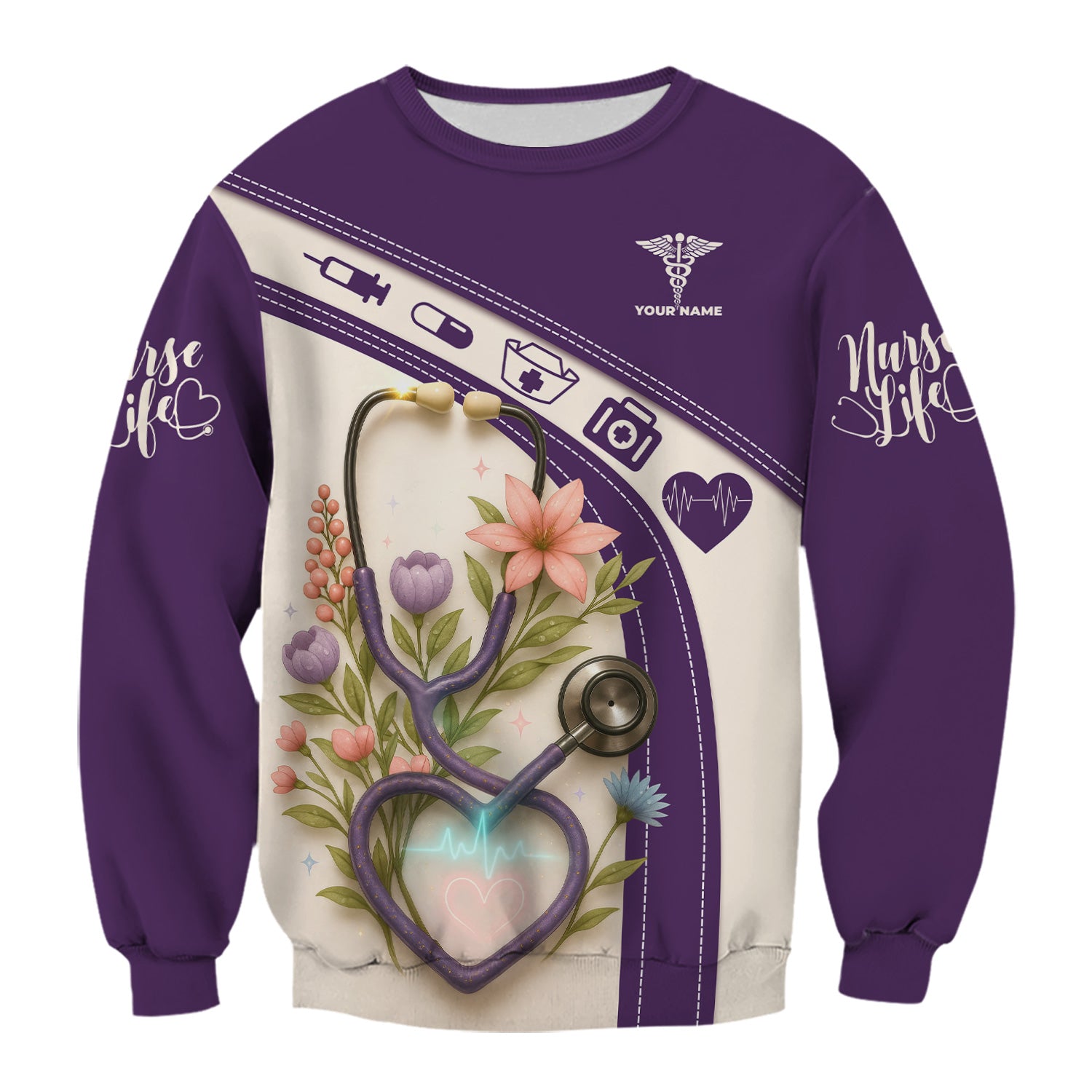 Custom Floral Scrub Top for Nurses - Heartbeat Stethoscope Purple Shirt - Personalized Medical Uniform Gift for RN CNA LPN