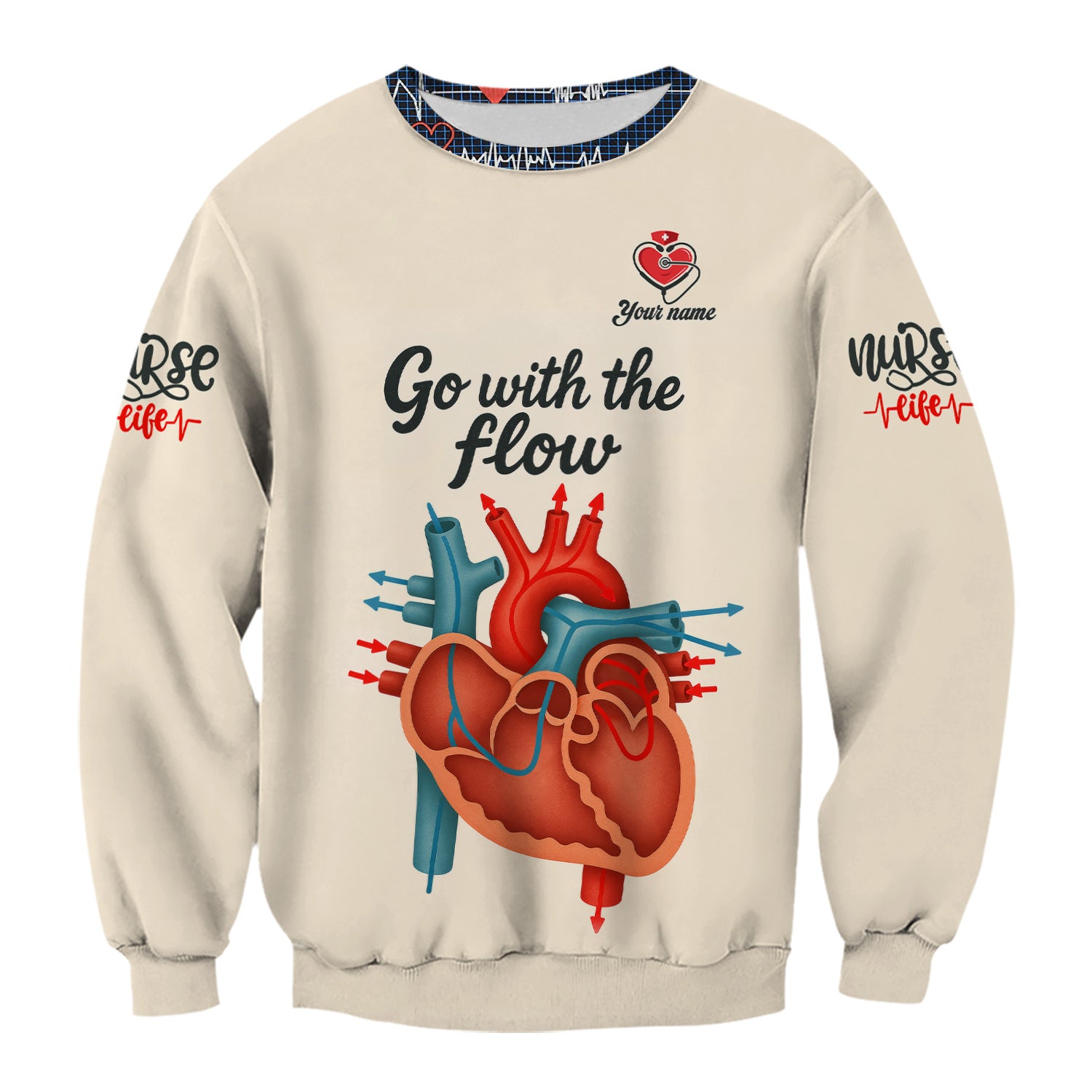 Funny Nurse Shirt for Women RN LPN CNA - Go With The Flow Heart Anatomy Design - Custom Name Gift for Healthcare Workers, Cardiologists, ICU & ER Staff