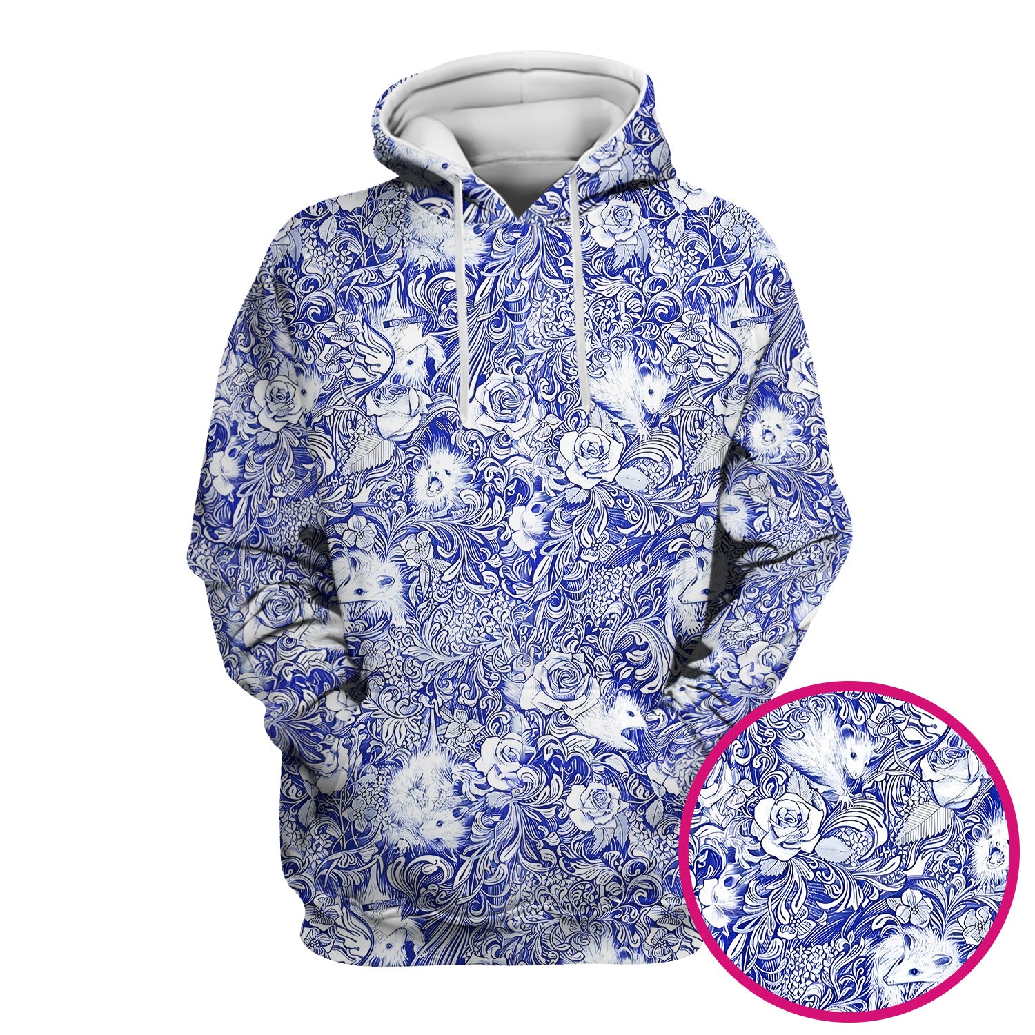 Blue Toile Porcupine Floral Pattern Scrub Top for Women, Breathable Nursing Uniform