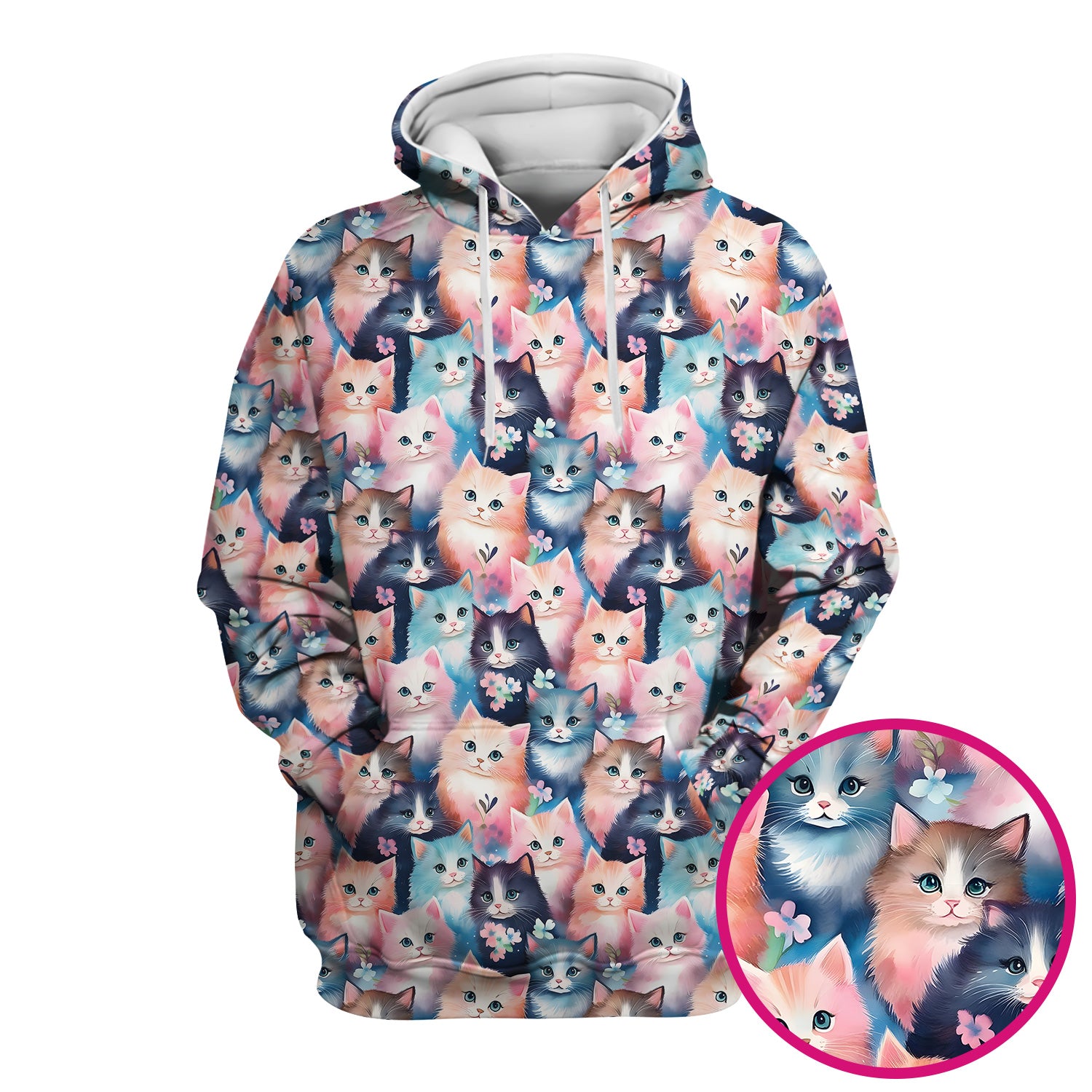 Pastel Kitten Pattern Scrub Top, Cute Aesthetic Cat Nursing Uniform for Women