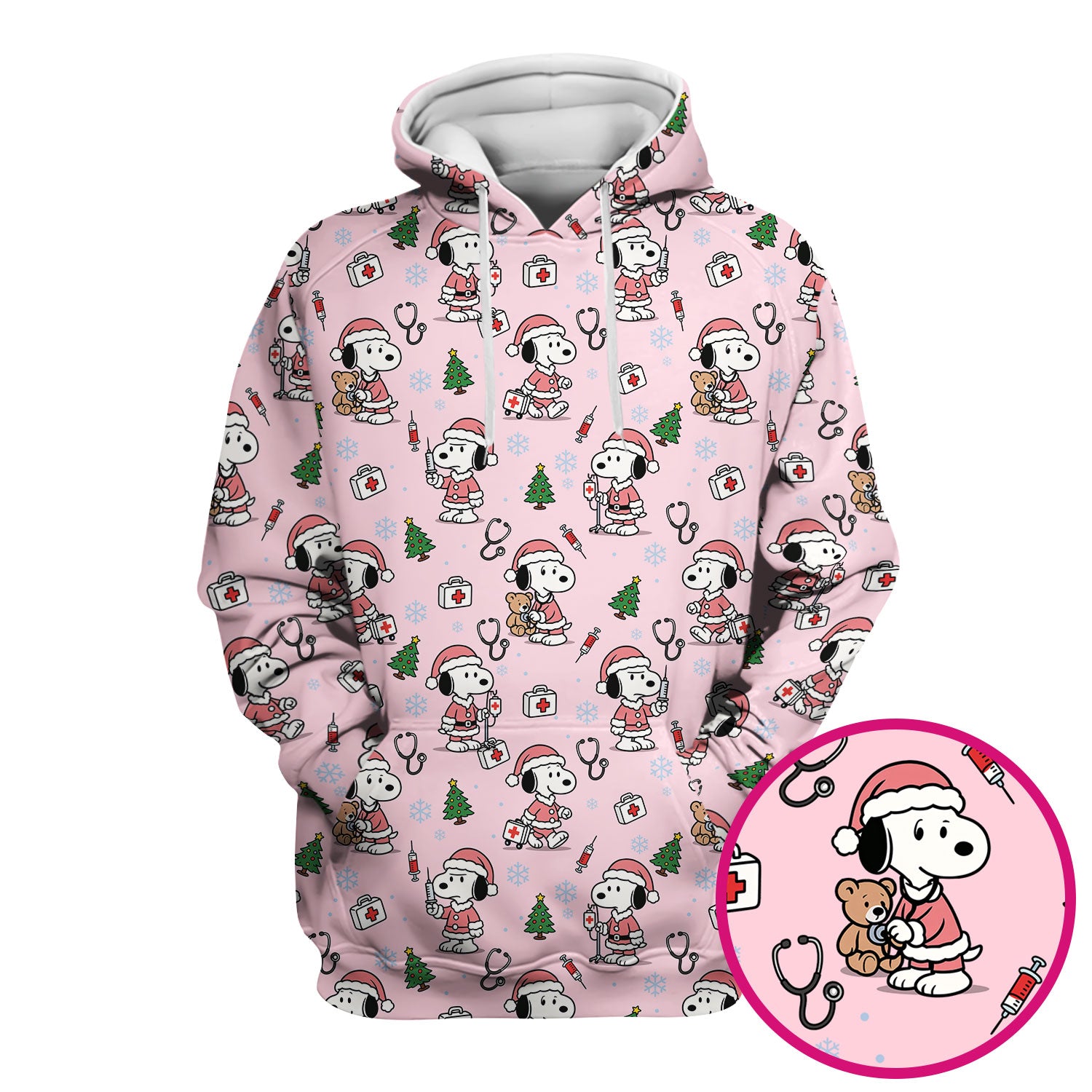 Snoopy Christmas Nurse Scrubs Top - Cute Pink Holiday Nursing Shirt - Funny Xmas Scrub Top for Women Nurses & Medical Workers