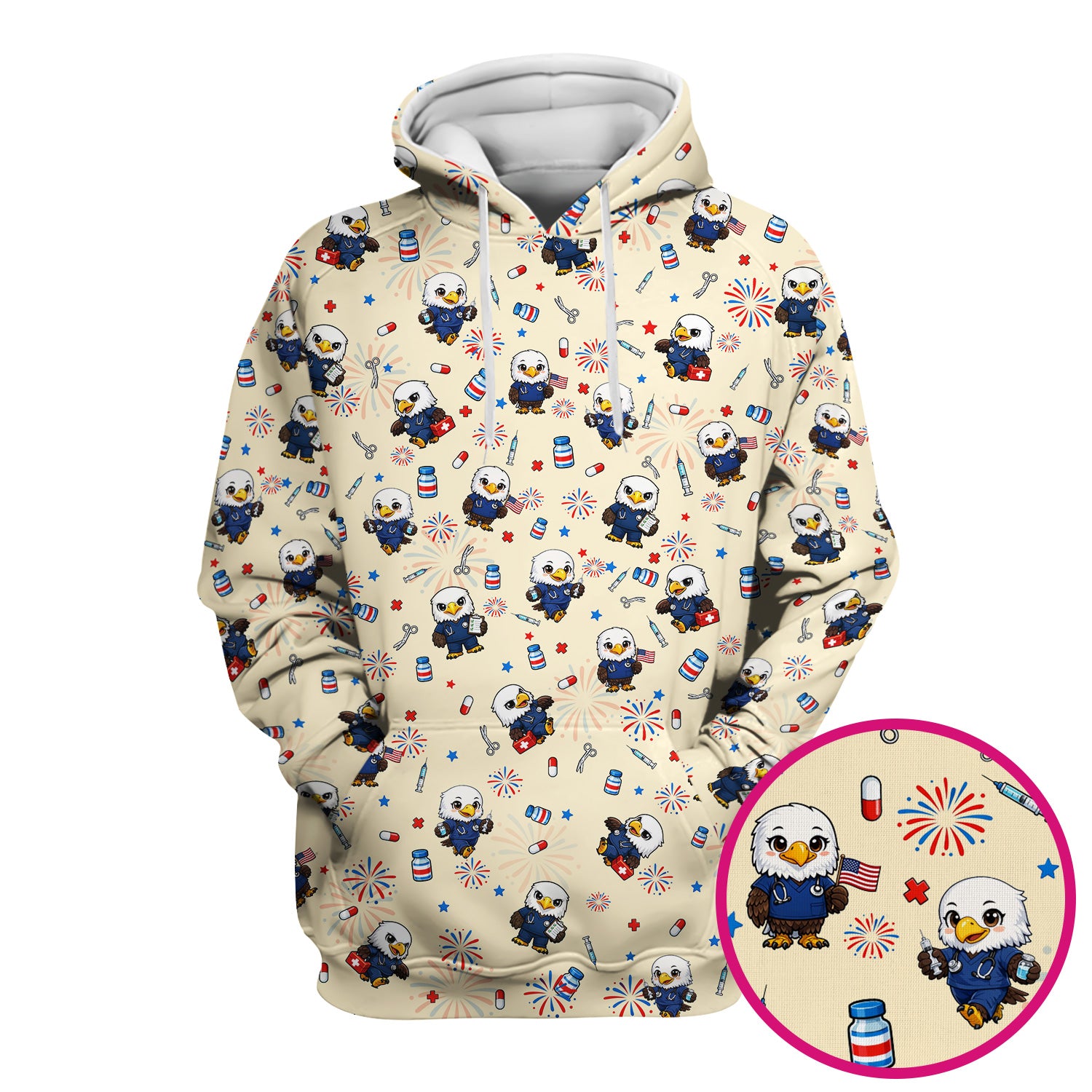 Patriotic Nurse Eagle Fireworks Medical Pattern Scrub Top, Breathable Fabrics Nursing Uniform