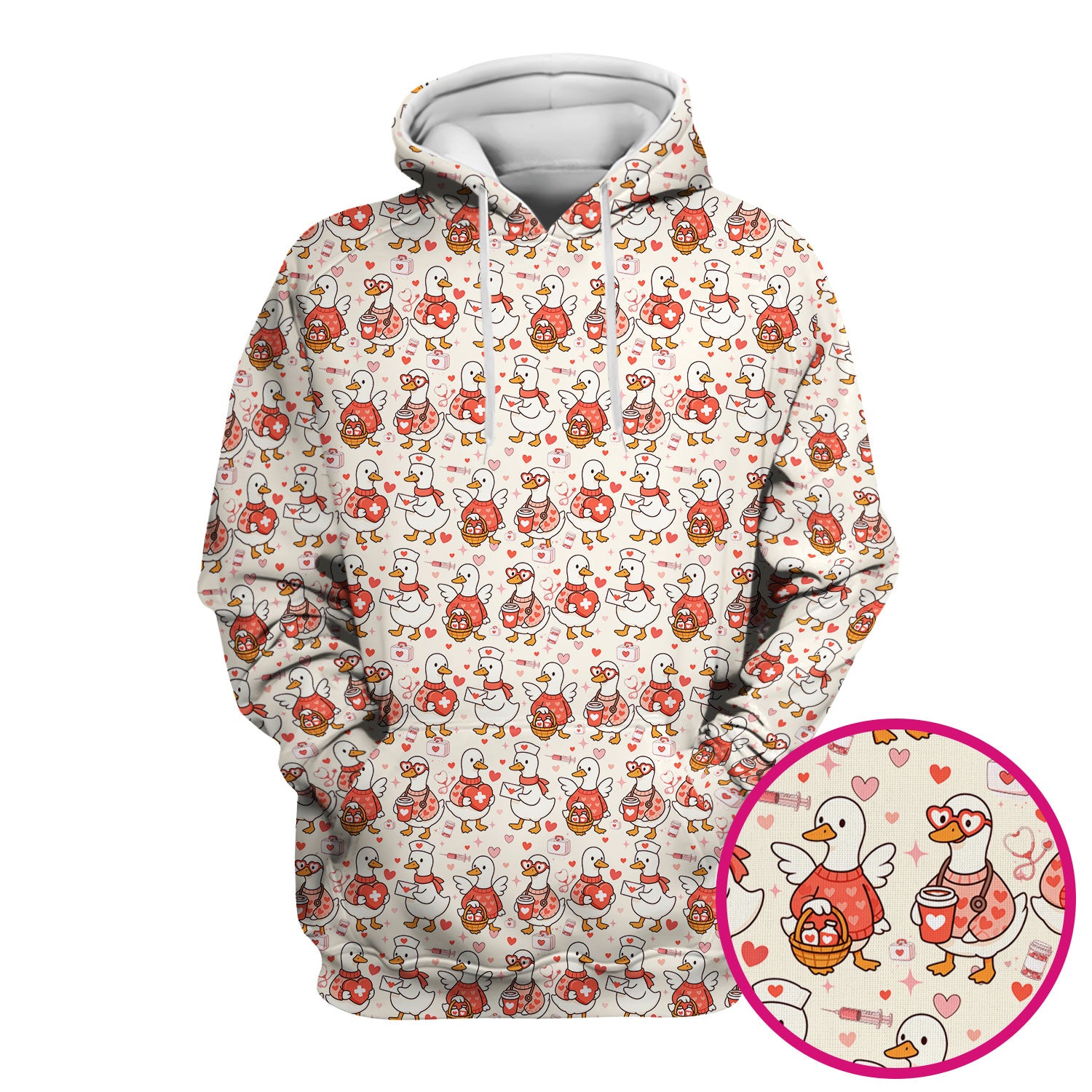 Valentine Goose Nurse Scrub Top, Heart Medical Pattern Nurse Shirt, Breathable Fabrics Nursing Uniform