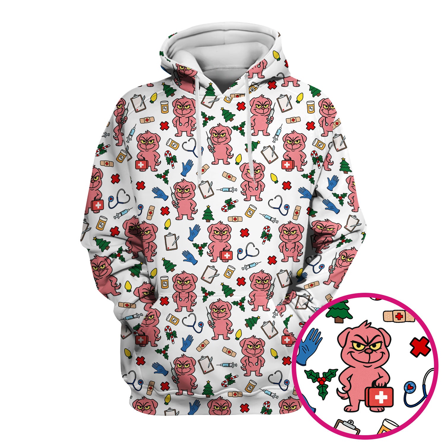 Funny Pink Dog Christmas Scrub Top - Holiday Nurse Scrubs for Women - Cute Medical Pattern with Tree, Lights and Stethoscope Print