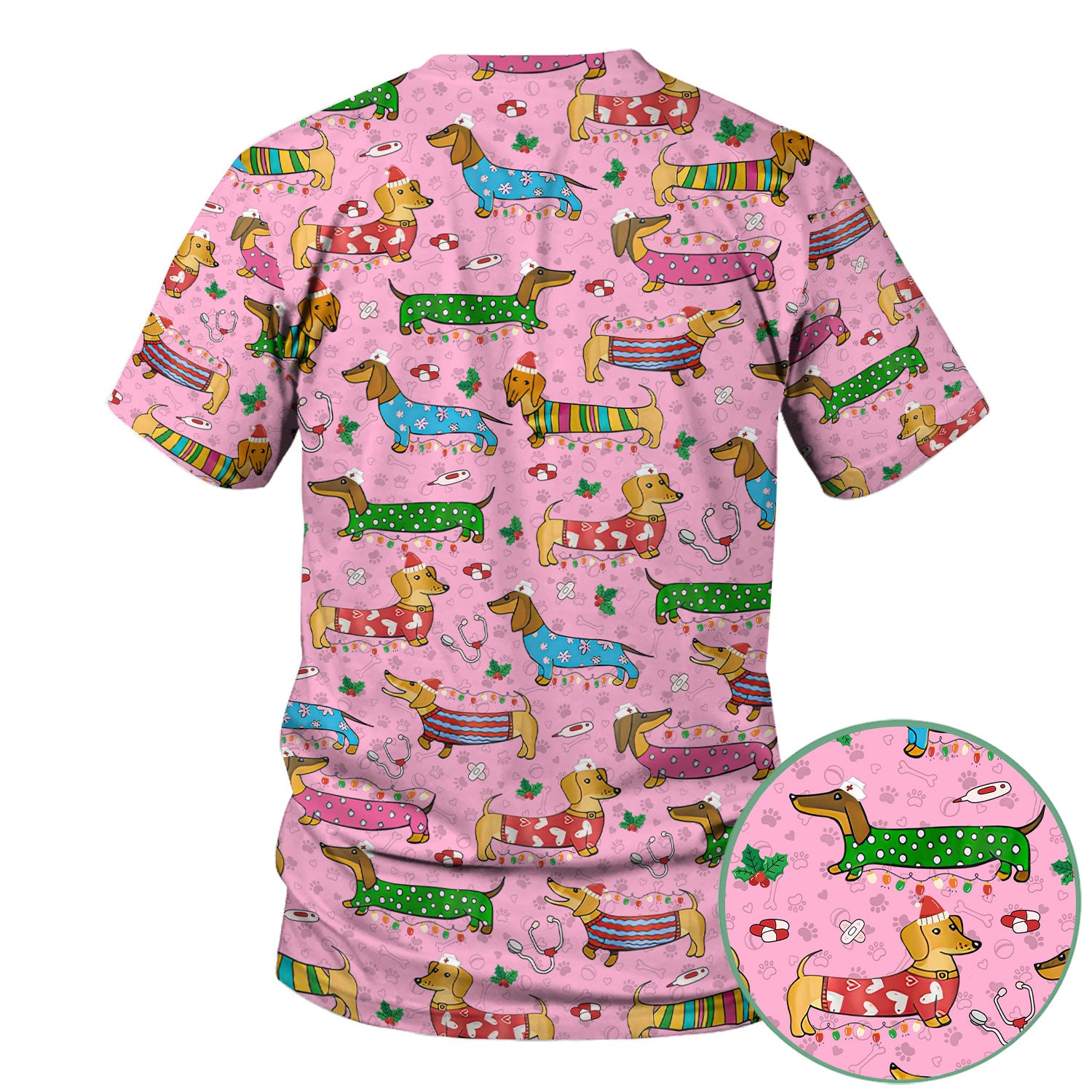 Christmas Dachshund Nurse Scrub Top - Cute Wiener Dog in Holiday Outfit - Funny Medical Shirt Gift for Women RN LPN CNA