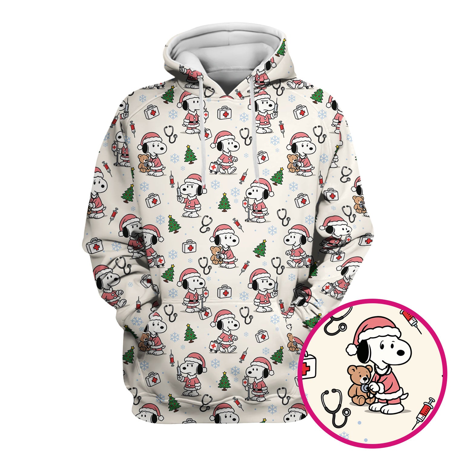 Snoopy Christmas Nurse Scrubs Top - Cute Pink Holiday Nursing Shirt - Funny Xmas Scrub Top for Women Nurses & Medical Workers