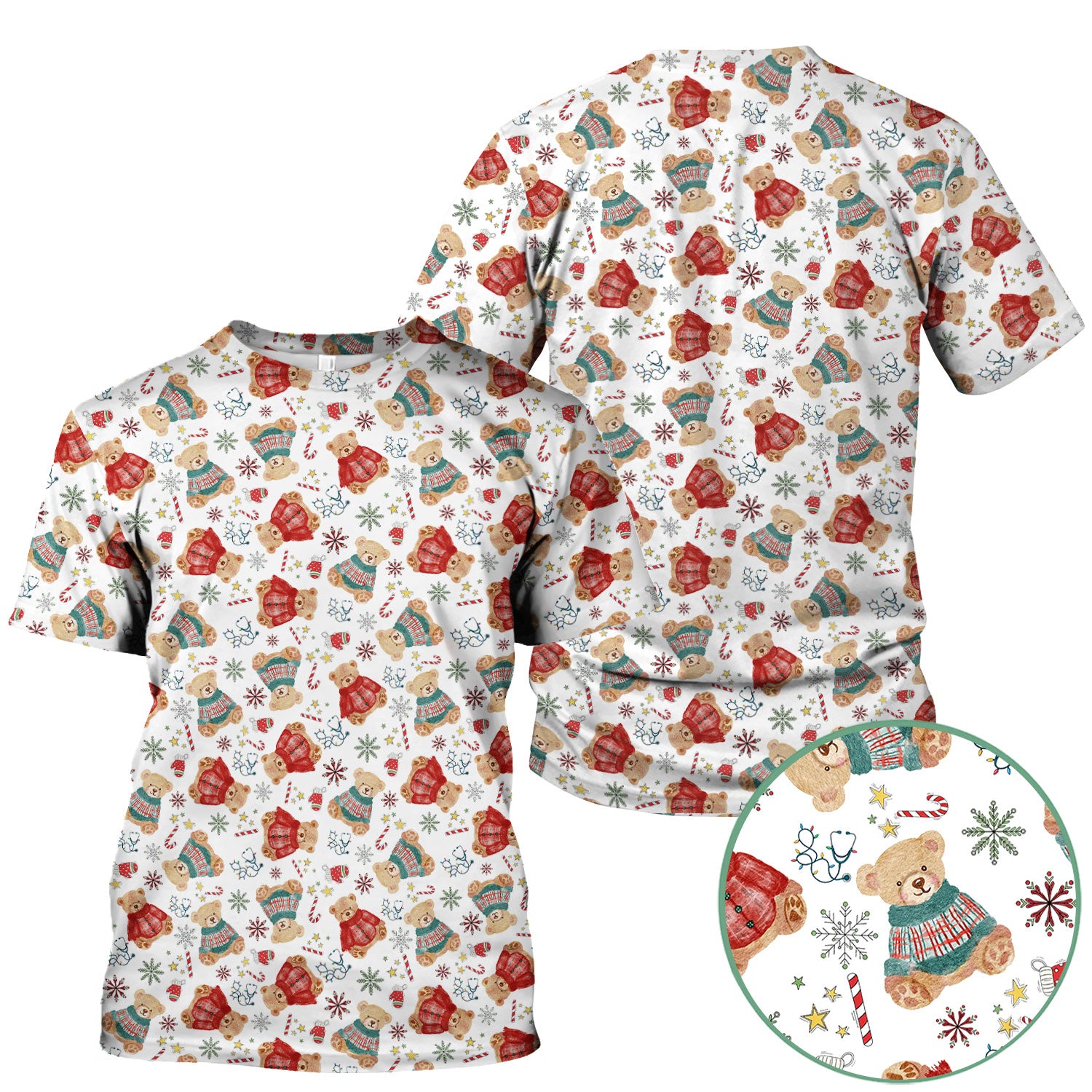 Funny Christmas Scrub Shirt - Cute Bear Winter Print Scrubs - Holiday Medical Scrub Top Gift for Women, Men, CNA RN, Doctor Nurse Christmas Outfit