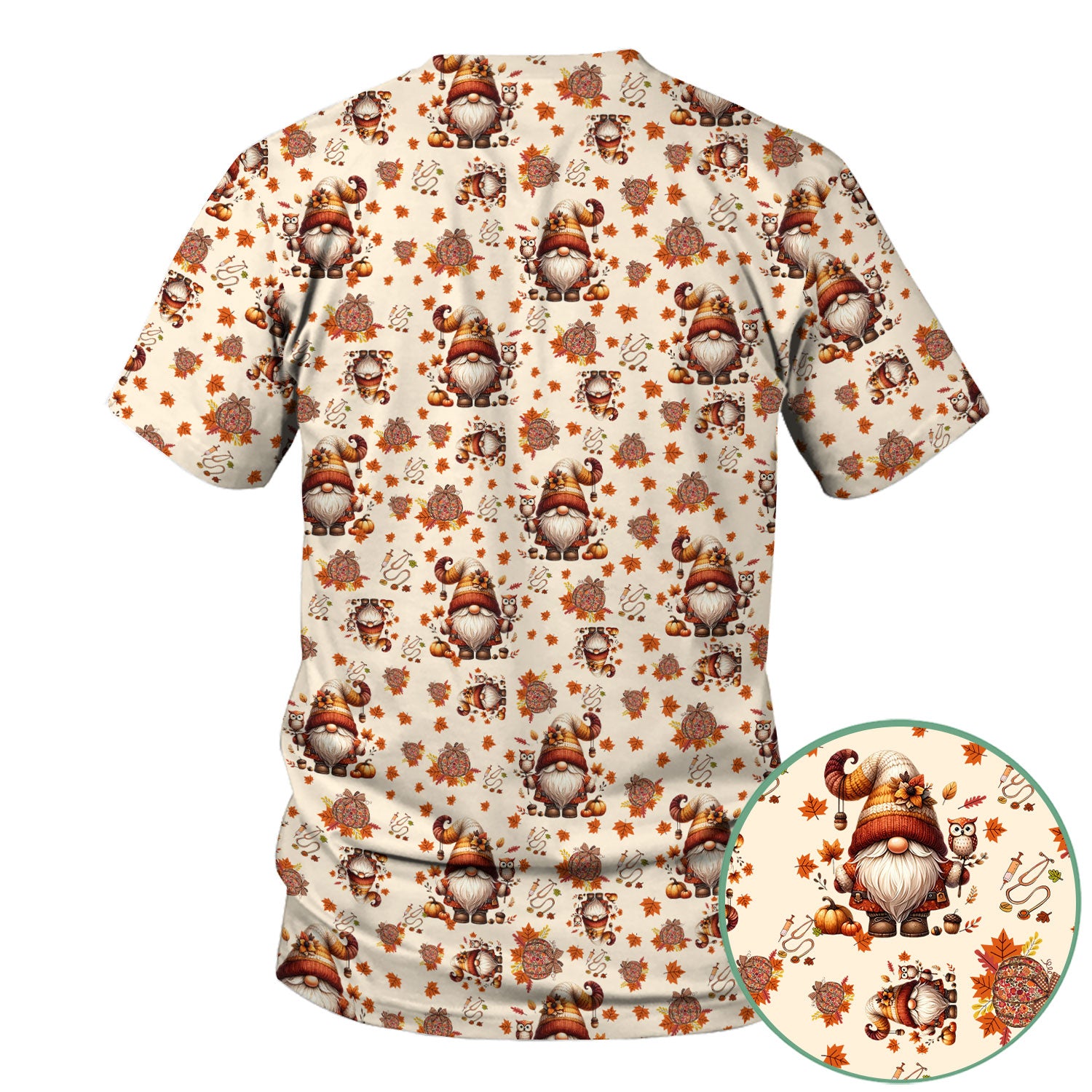 Fall Gnome Nurse Scrub Top for Women - Autumn Leaves Pumpkin Shirts - Thanksgiving Nursing Uniform Gift for RN LPN CNA