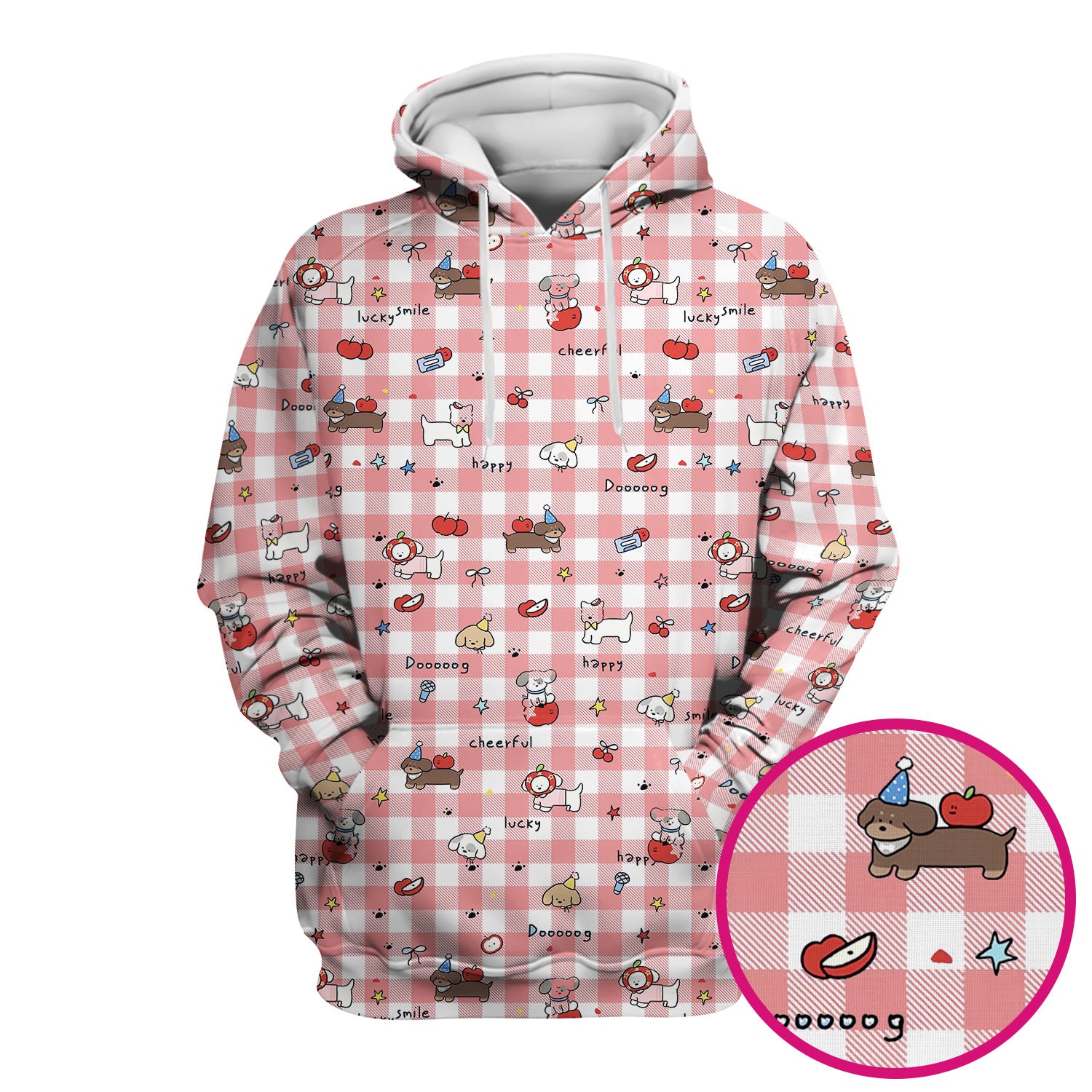 Cute Nurse Cartoon Puppy Apple Gingham Scrub Top, Breathable Fabrics Nursing Uniform