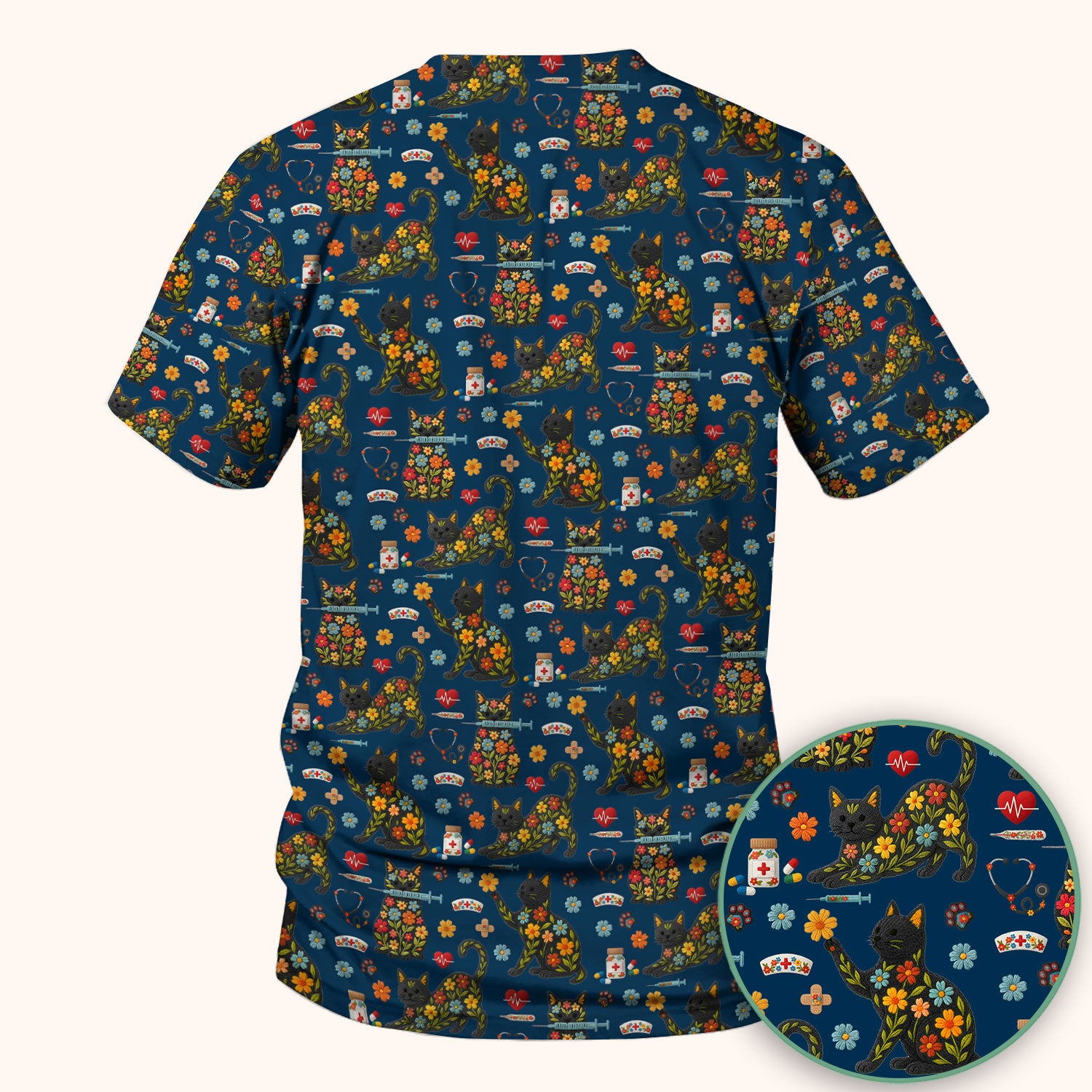 Floral Black Cat Pattern Scrub Top, Cute Cat Nurse Scrub Shirt, Medical Nursing Uniform