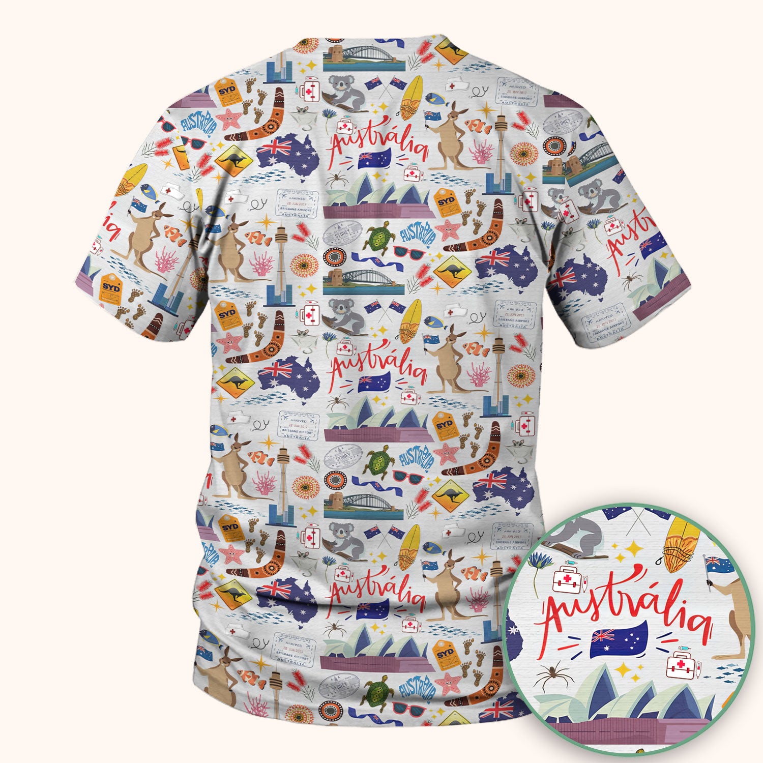 Australia Scrub Top for Women - Aussie Icons with Kangaroo Koala Opera House - Travel Medical Uniform Gift for LPN RN CNA