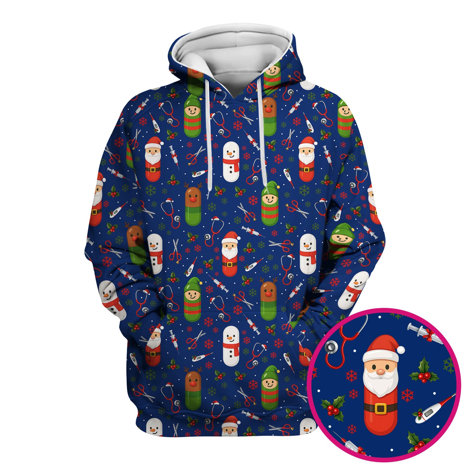 Santa Christmas Scrubs Set - Fun Holiday Pattern with Reindeer and Snowman - Cute Medical Scrub Top and Pants for Nurses